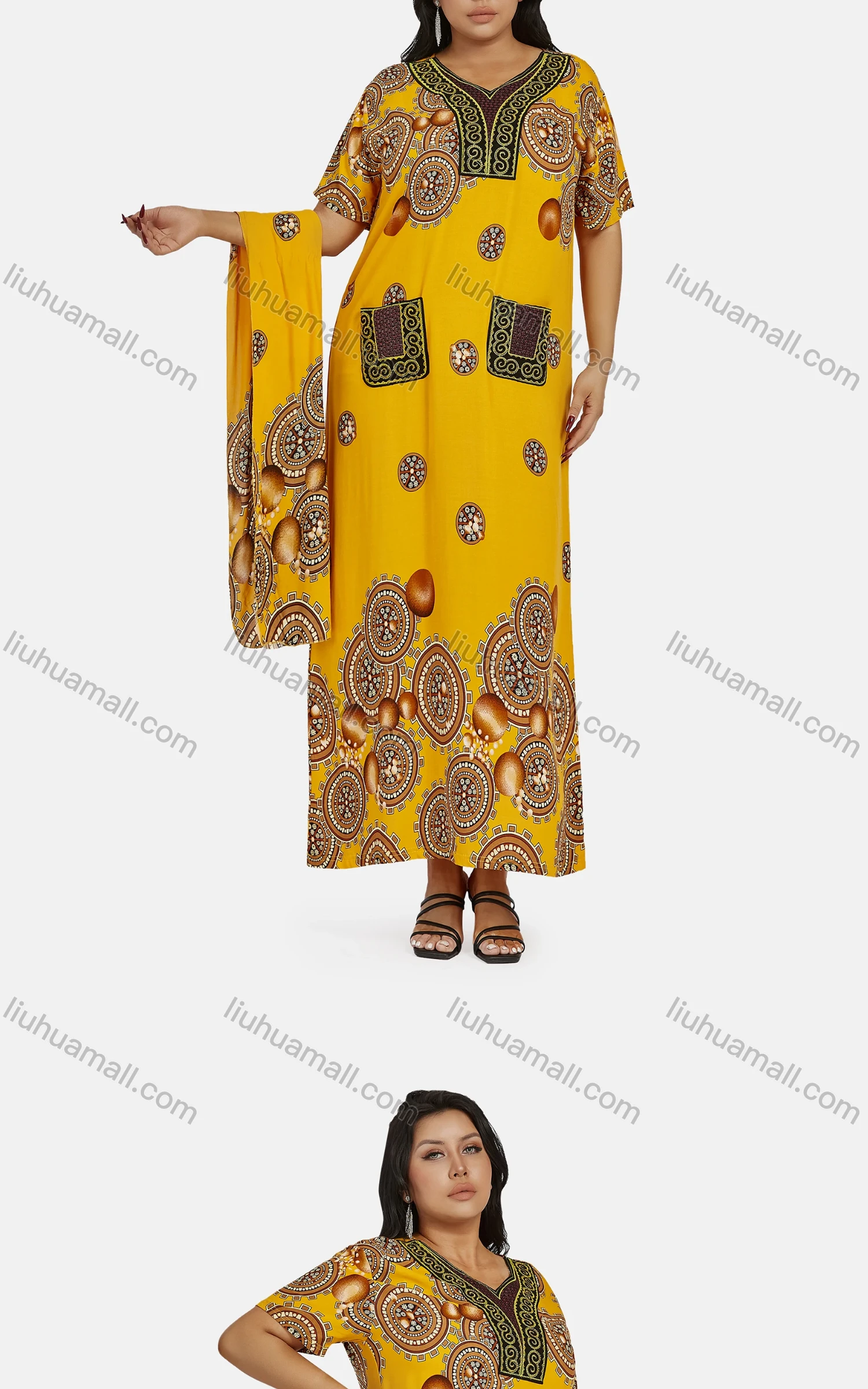 Wholesale Women's African Vintage V Neck Patch Pockets Plus Size Embroidered Folk Art Maxi Dress With Scarf - Liuhuamall
