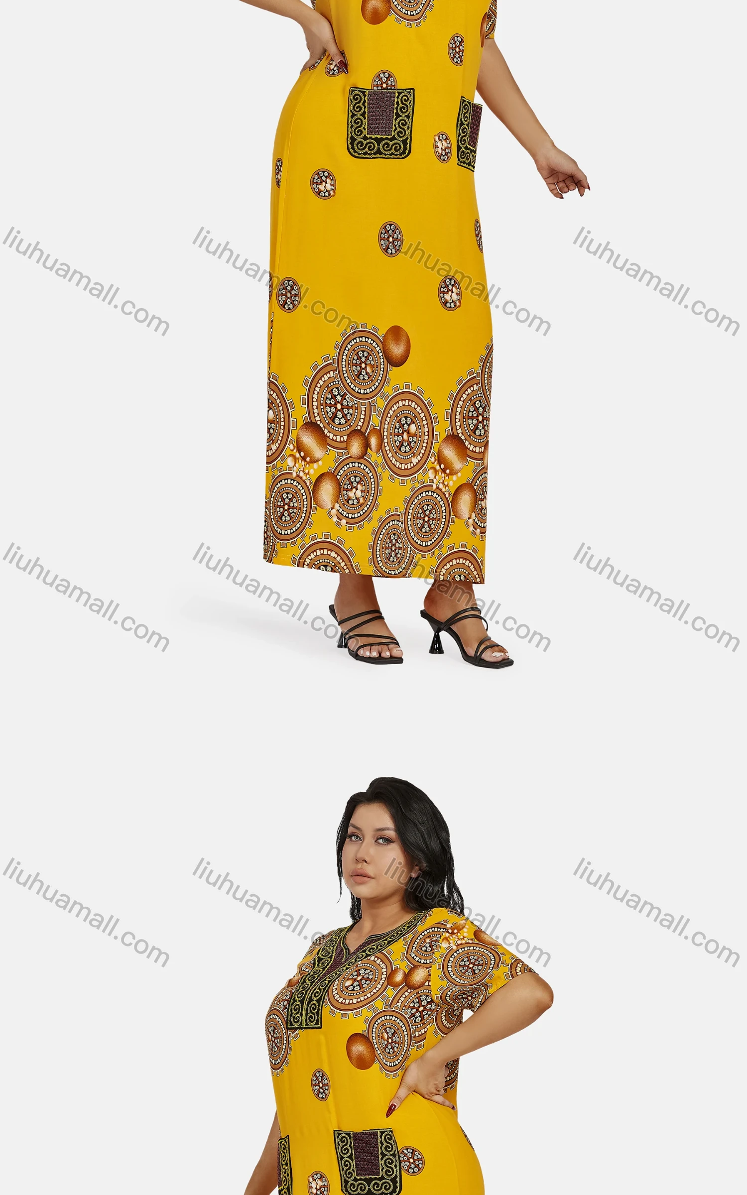 Wholesale Women's African Vintage V Neck Patch Pockets Plus Size Embroidered Folk Art Maxi Dress With Scarf - Liuhuamall