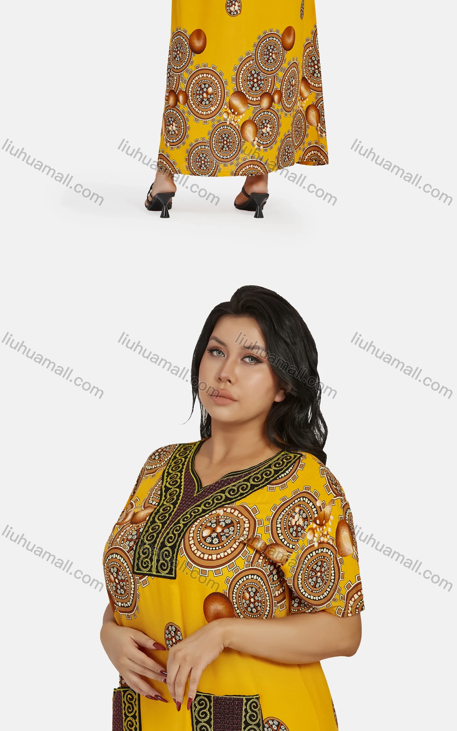 Wholesale Women's African Vintage V Neck Patch Pockets Plus Size Embroidered Folk Art Maxi Dress With Scarf - Liuhuamall