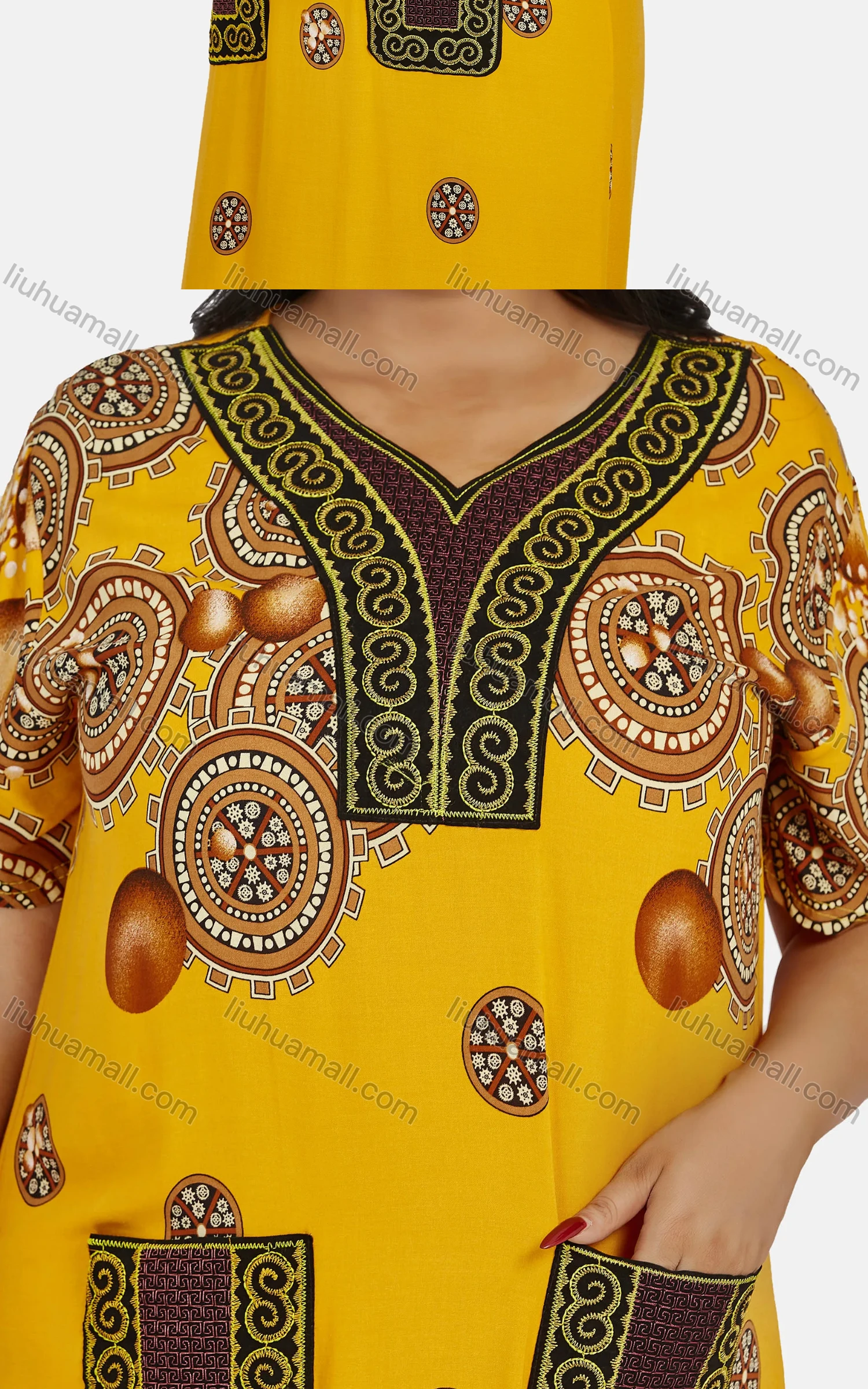 Wholesale Women's African Vintage V Neck Patch Pockets Plus Size Embroidered Folk Art Maxi Dress With Scarf - Liuhuamall