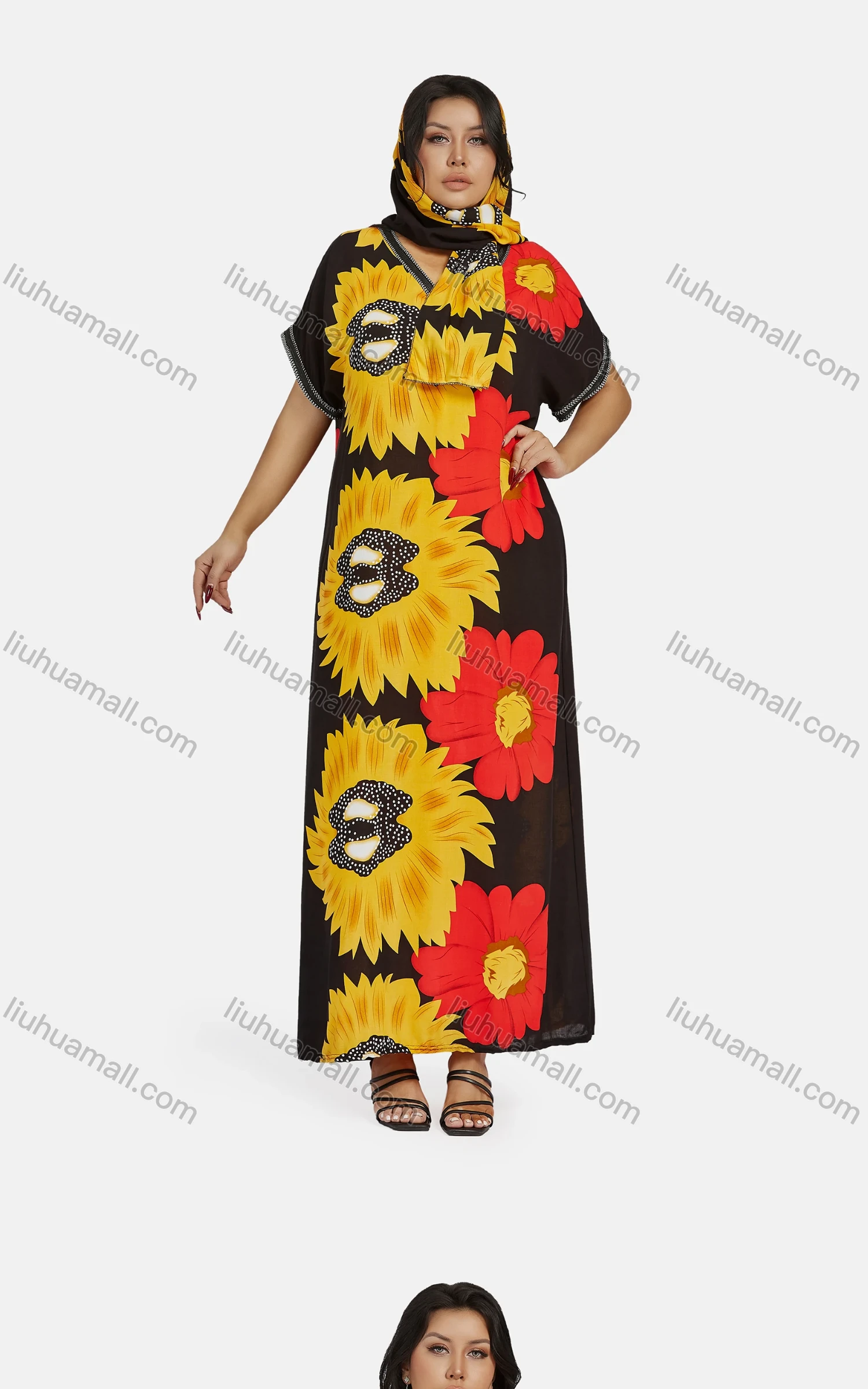 Wholesale Women's African Vintage V Neck Short Sleeve Plus Size Embroidered Floral Maxi Dress With Scarf - Liuhuamall