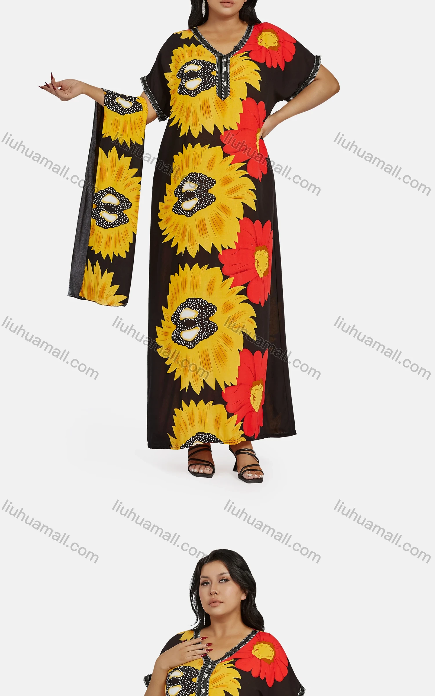 Wholesale Women's African Vintage V Neck Short Sleeve Plus Size Embroidered Floral Maxi Dress With Scarf - Liuhuamall