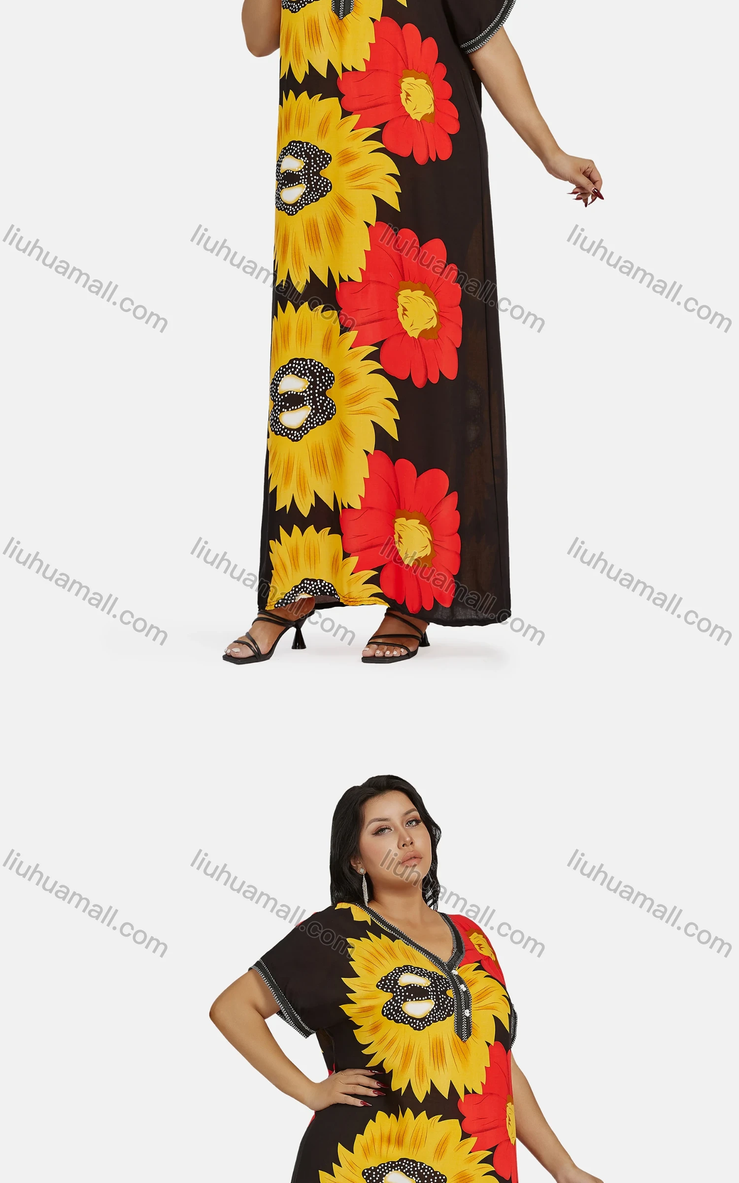 Wholesale Women's African Vintage V Neck Short Sleeve Plus Size Embroidered Floral Maxi Dress With Scarf - Liuhuamall