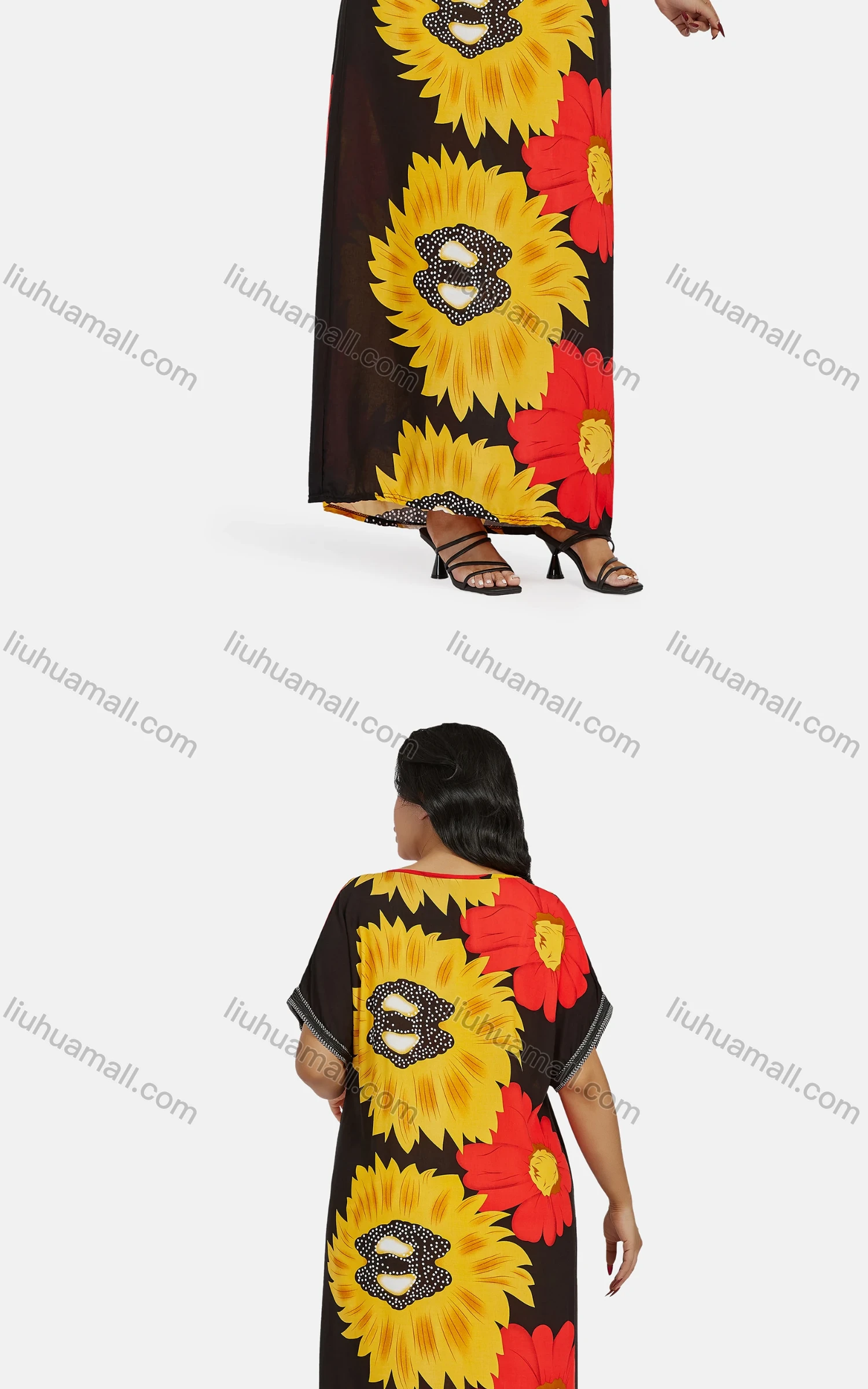 Wholesale Women's African Vintage V Neck Short Sleeve Plus Size Embroidered Floral Maxi Dress With Scarf - Liuhuamall