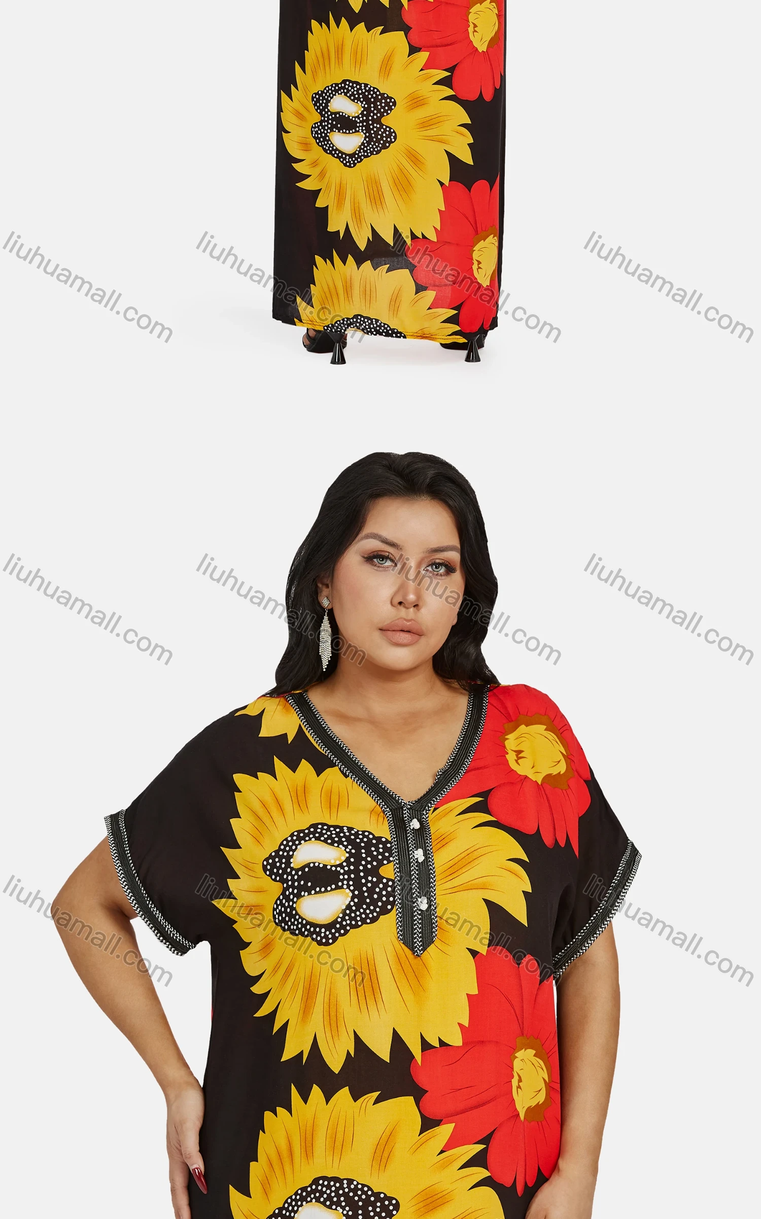 Wholesale Women's African Vintage V Neck Short Sleeve Plus Size Embroidered Floral Maxi Dress With Scarf - Liuhuamall