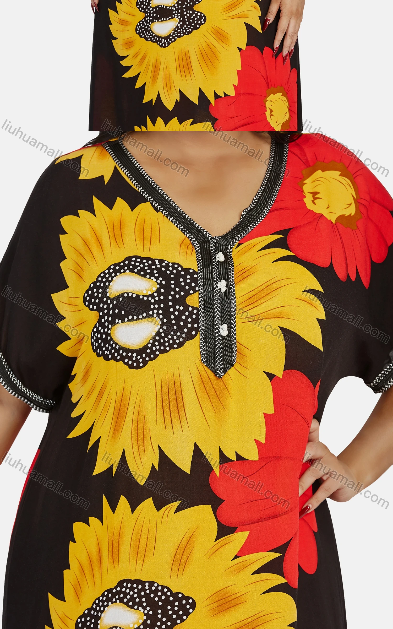 Wholesale Women's African Vintage V Neck Short Sleeve Plus Size Embroidered Floral Maxi Dress With Scarf - Liuhuamall
