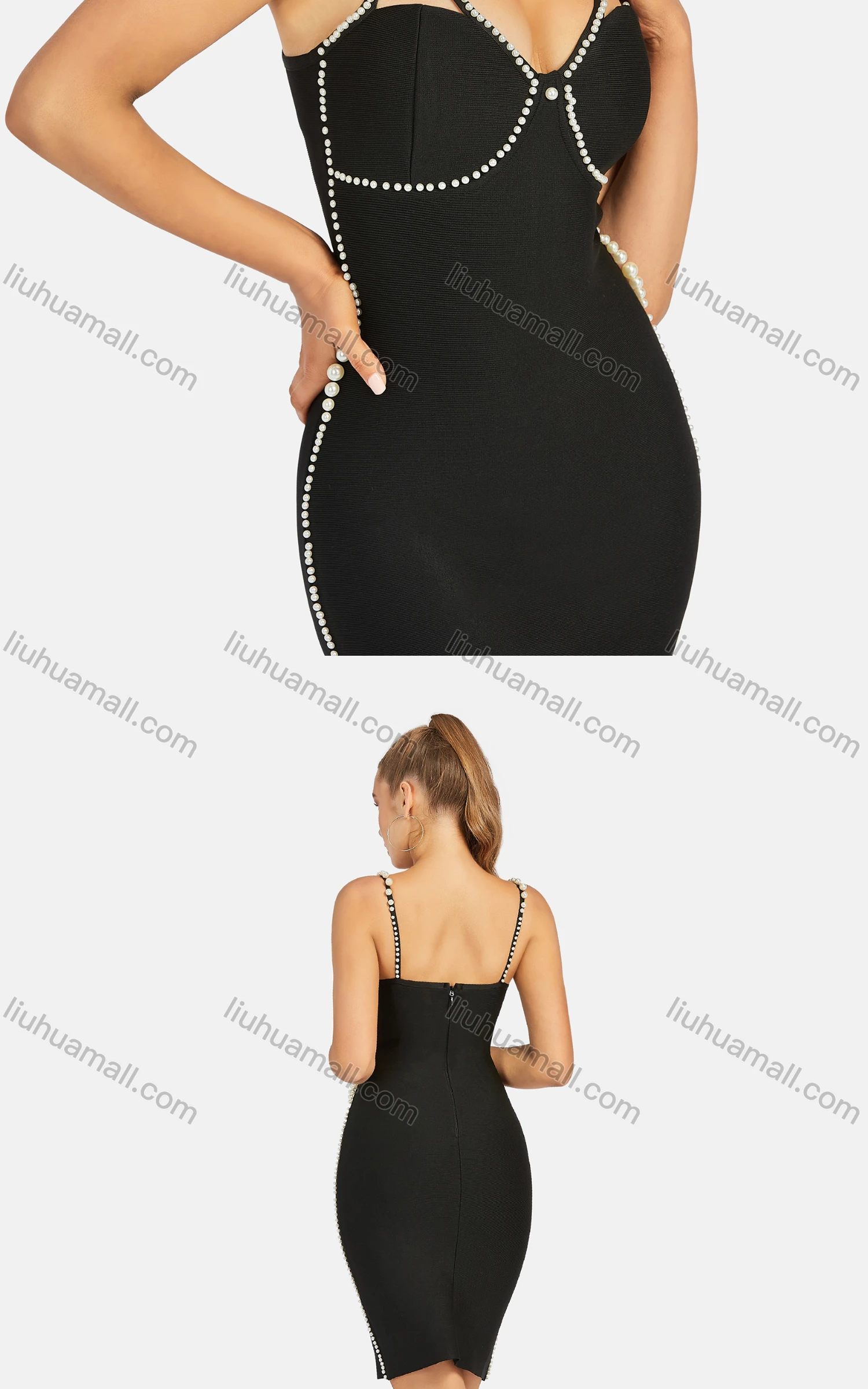 Wholesale Women's Sexy Bodycon Plain High Waist Zip Back Pearl Decor Short Cami Dress - Liuhuamall