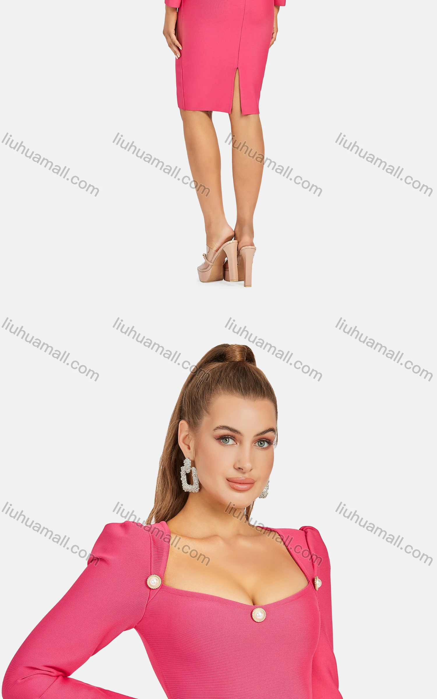 Wholesale Women's Sexy Bodycon Long Sleeve Plain High Waist Zip Back Button Decor Short Dress - Liuhuamall