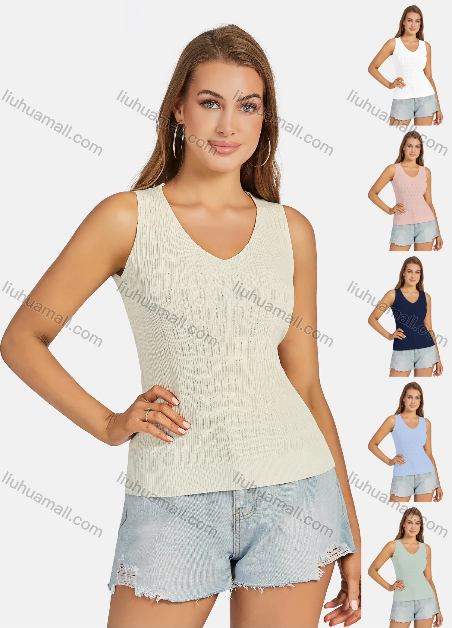 Wholesale Women's Casual Plain V Neck Ribbed Tank Top - Liuhuamall