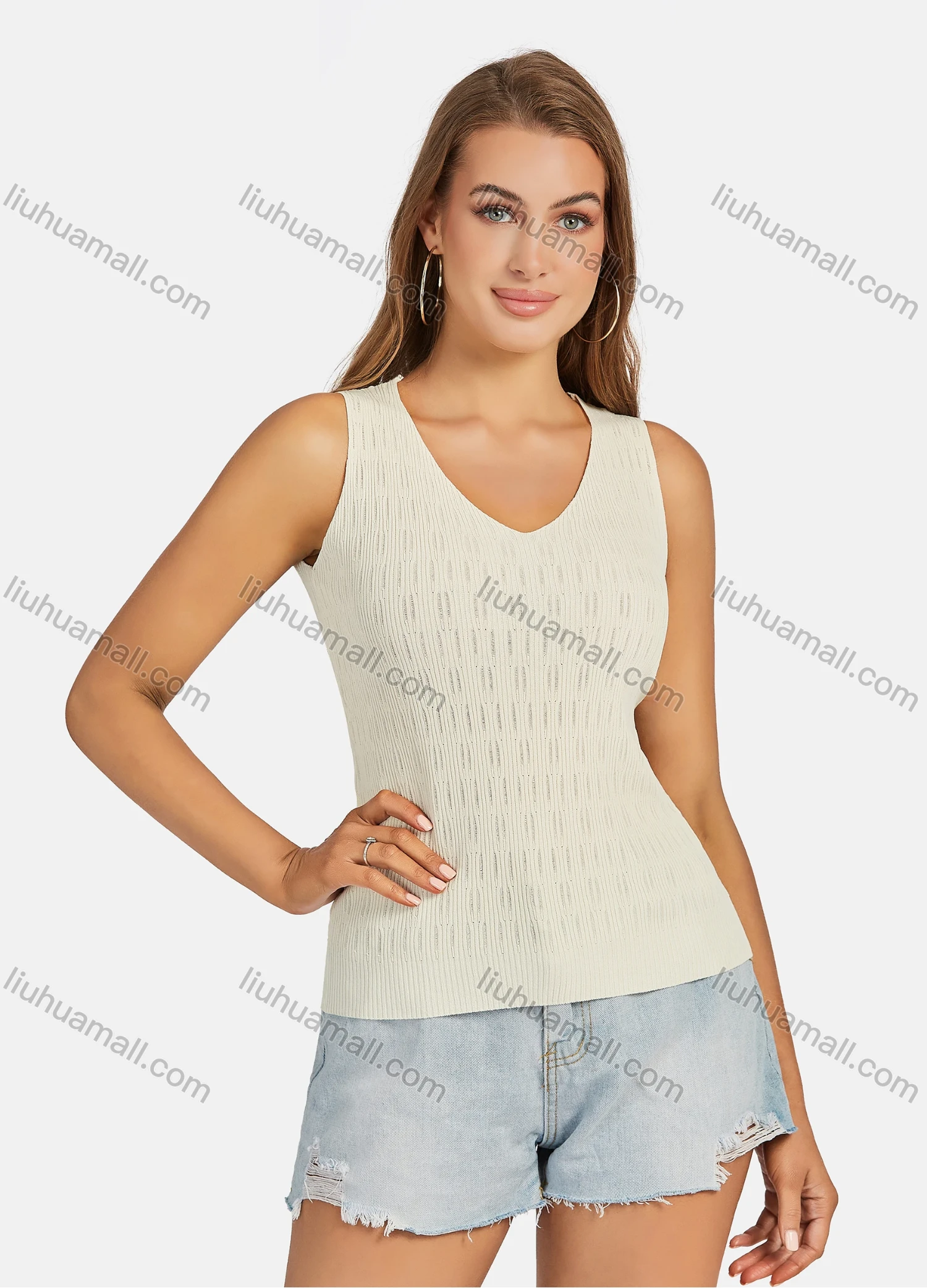 Wholesale Women's Casual Plain V Neck Ribbed Tank Top - Liuhuamall
