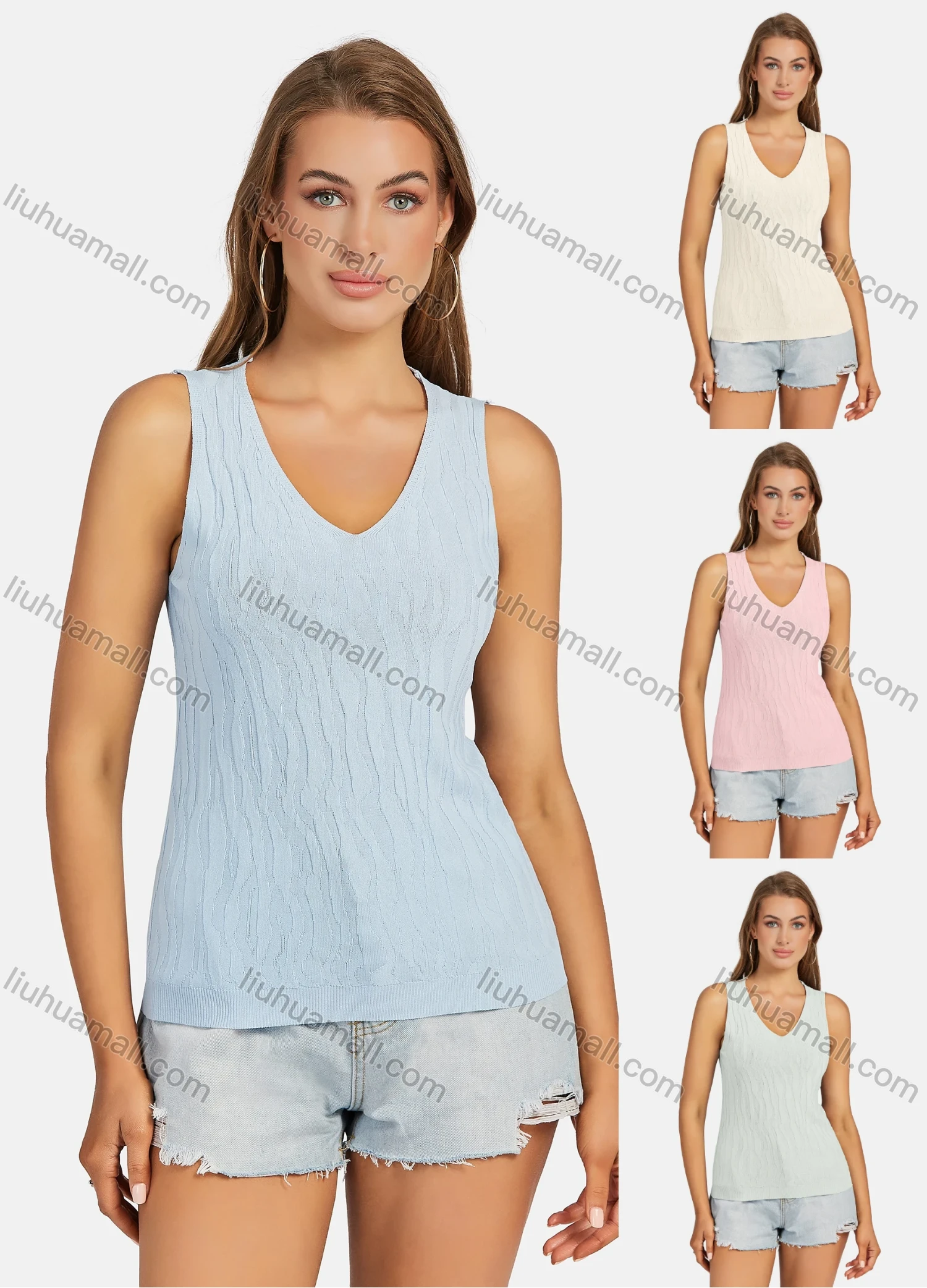 Wholesale Women's Casual Plain V Neck Rough Grain Tank Top - Liuhuamall