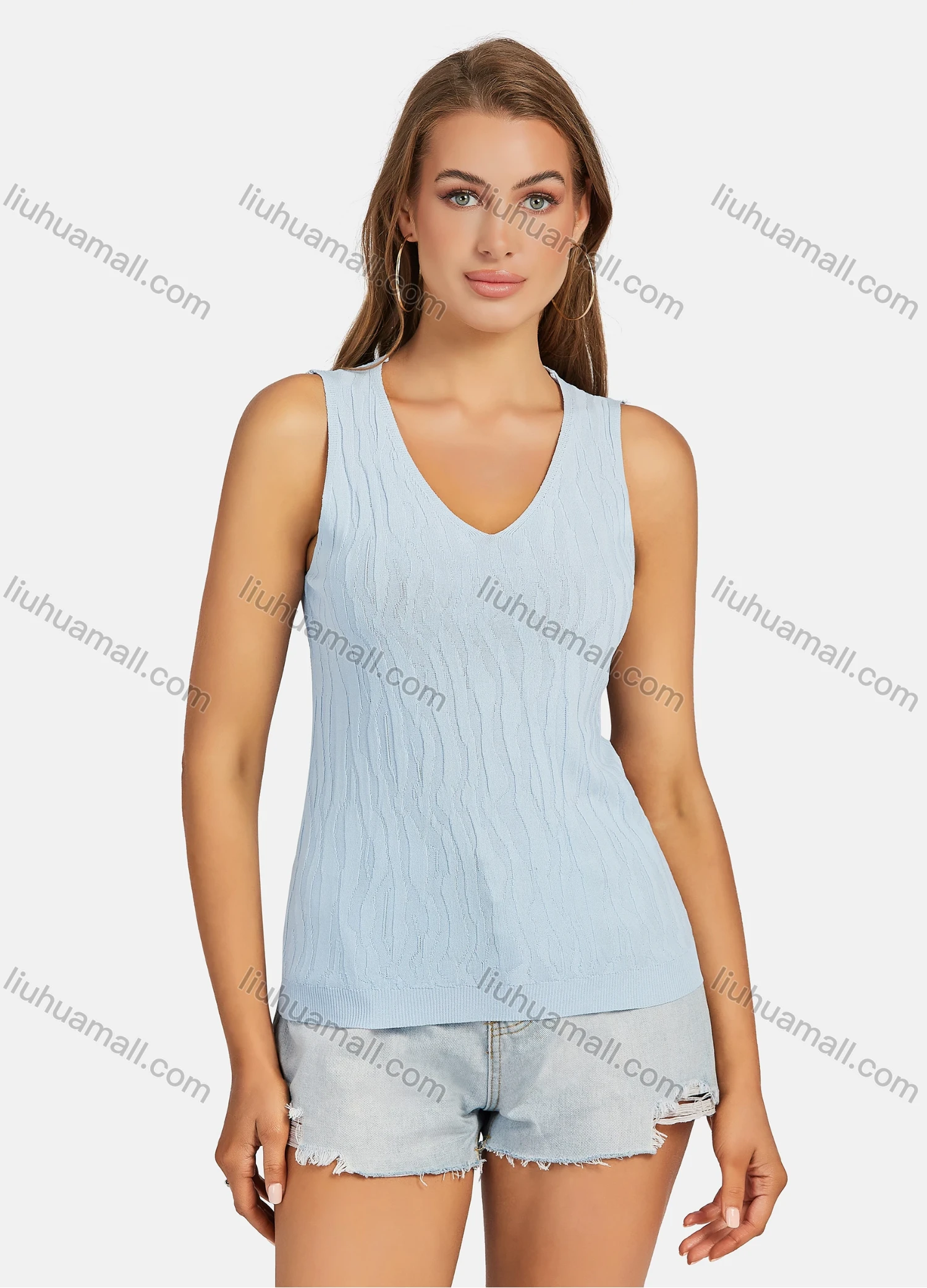 Wholesale Women's Casual Plain V Neck Rough Grain Tank Top - Liuhuamall