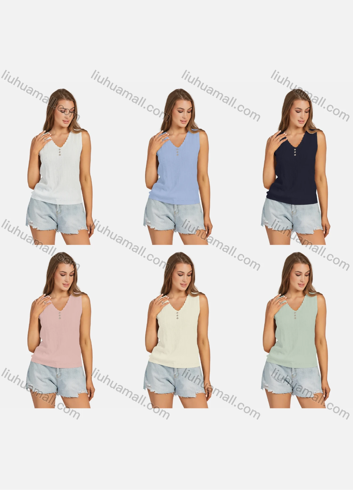 Wholesale Women's Casual Plain V Neck Ribbed Rhinestone Decor Tank Top - Liuhuamall