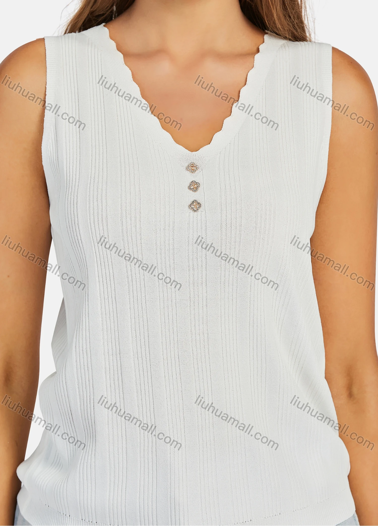 Wholesale Women's Casual Plain V Neck Ribbed Rhinestone Decor Tank Top - Liuhuamall