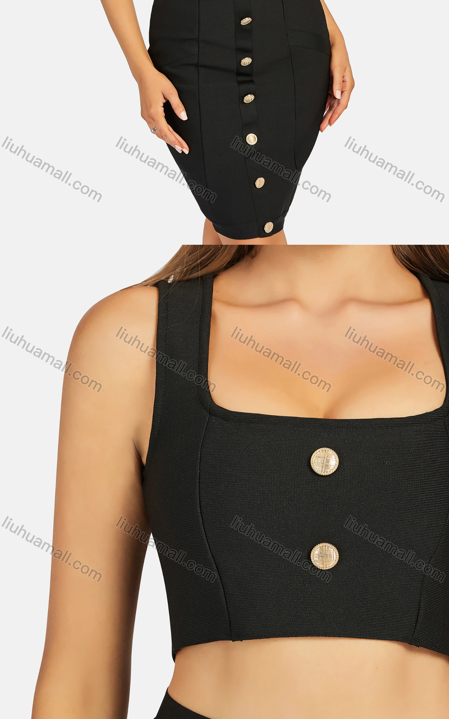 Wholesale Women's Sexy Plain Slim Fit Button Decor Crop Tank Top 2-piece Set - Liuhuamall