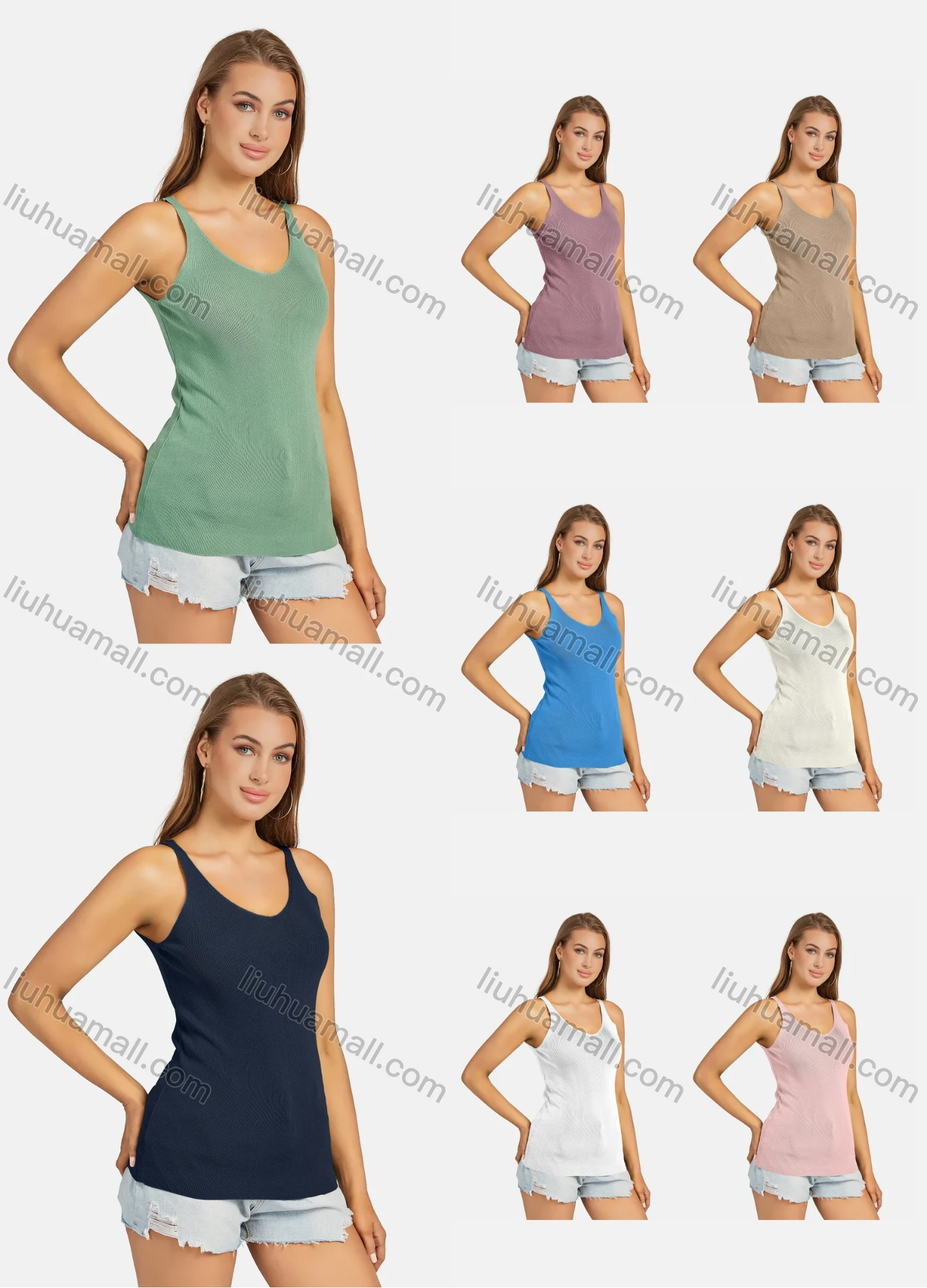 Wholesale Women's Casual Plain Scoop Neck Ribbed Tank Top 107# - Liuhuamall