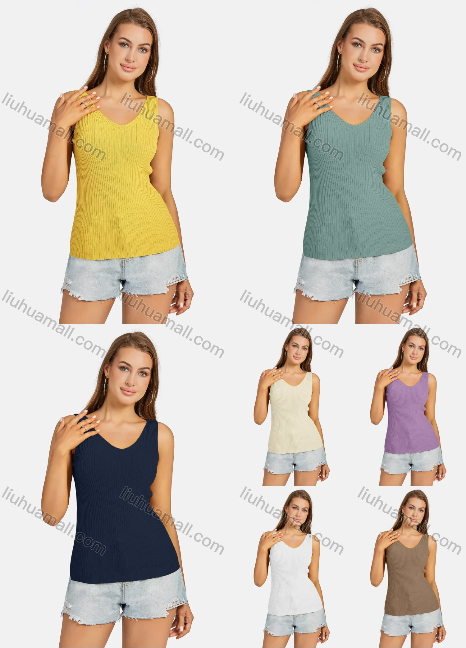 Wholesale Women's Casual Plain V Neck Ribbed Tank Top 109# - Liuhuamall