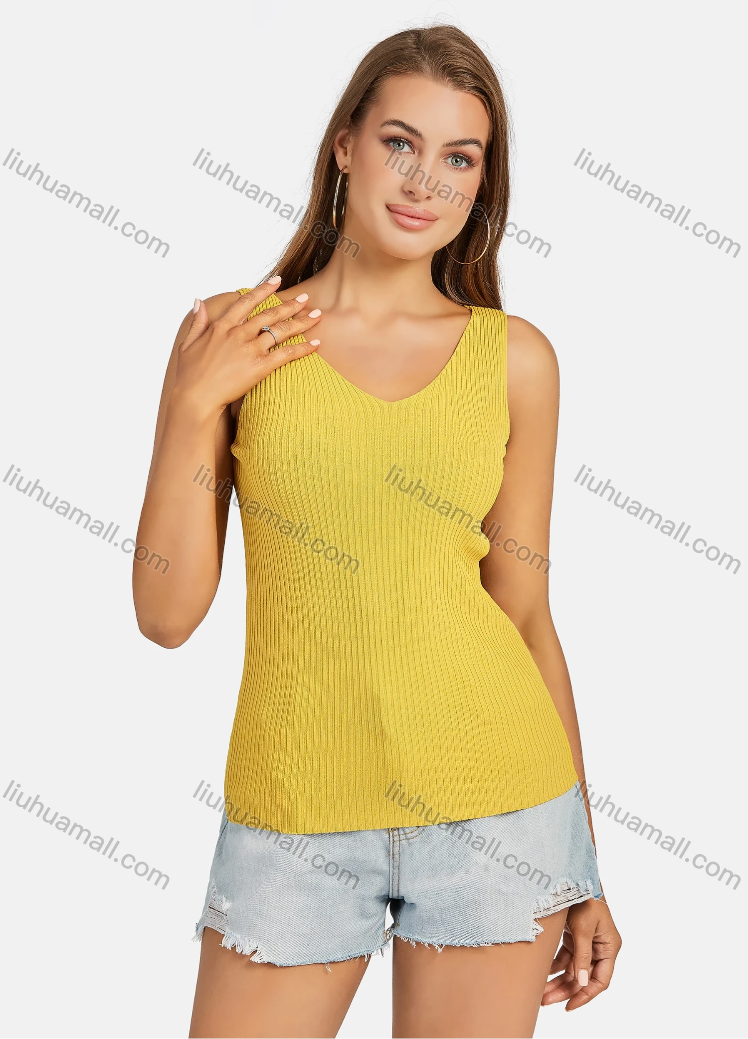 Wholesale Women's Casual Plain V Neck Ribbed Tank Top 109# - Liuhuamall