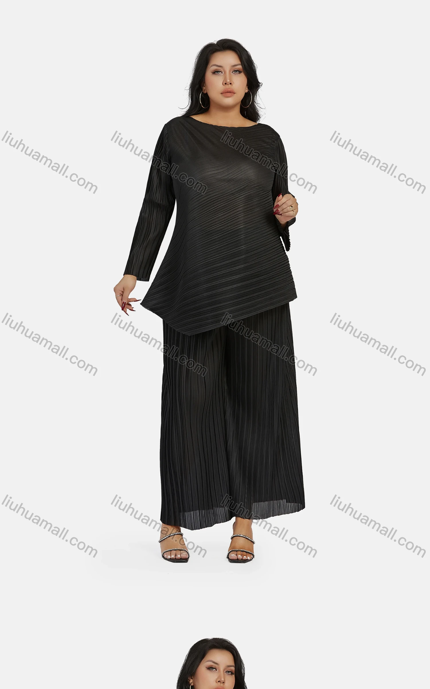 Wholesale Women's Casual Plain Ruched Plus Size Asymmetrical Hem Blouse 2-piece Set - Liuhuamall