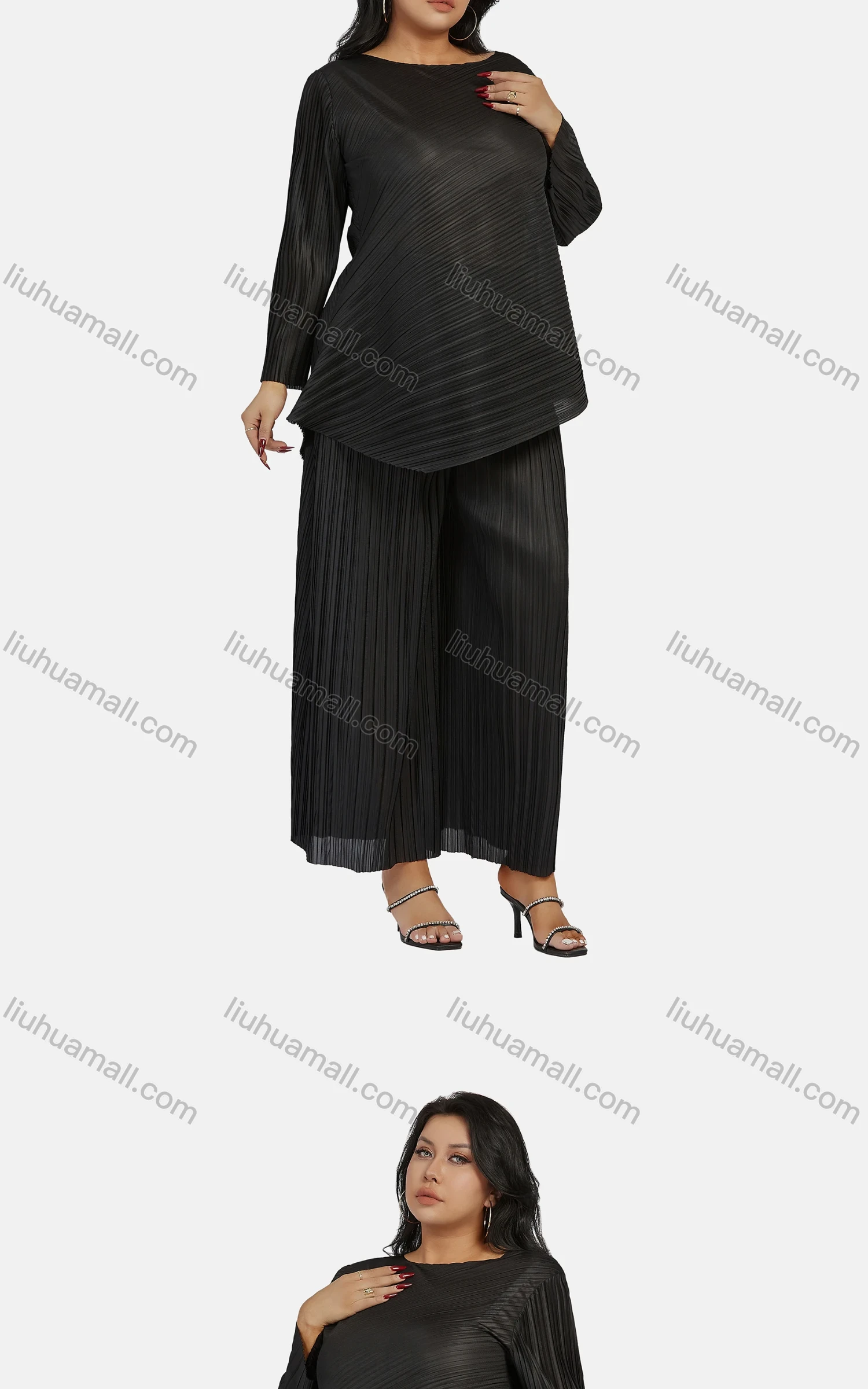 Wholesale Women's Casual Plain Ruched Plus Size Asymmetrical Hem Blouse 2-piece Set - Liuhuamall