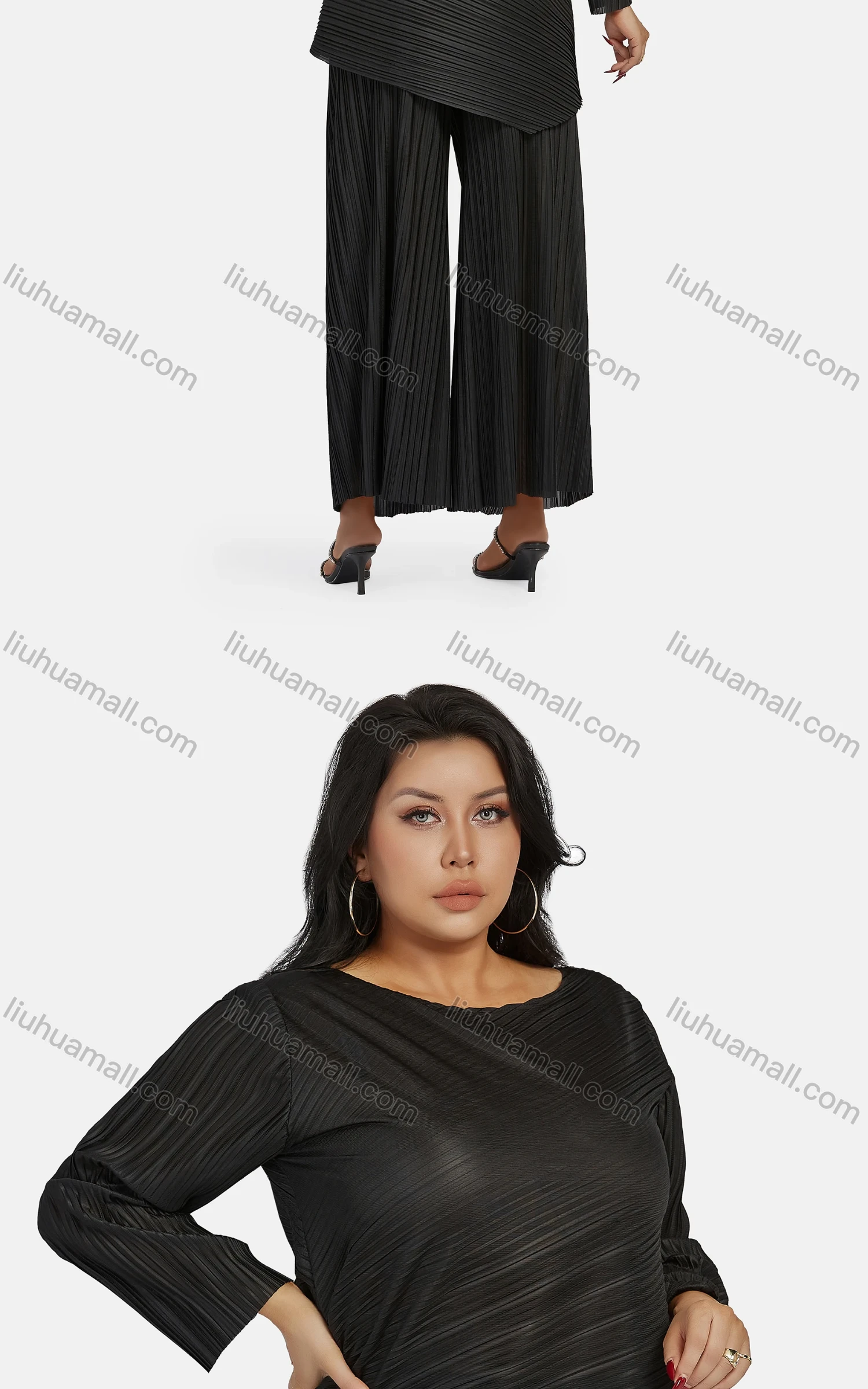 Wholesale Women's Casual Plain Ruched Plus Size Asymmetrical Hem Blouse 2-piece Set - Liuhuamall