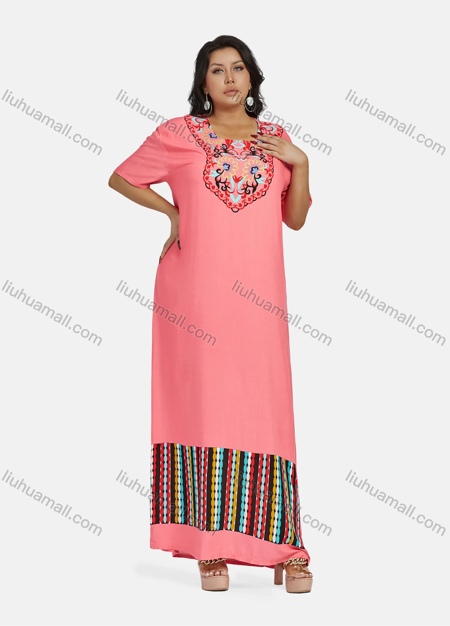 Wholesale Women's Folkloric African Half Sleeve Vintage Floral Print Maxi Abaya Dress - Liuhuamall