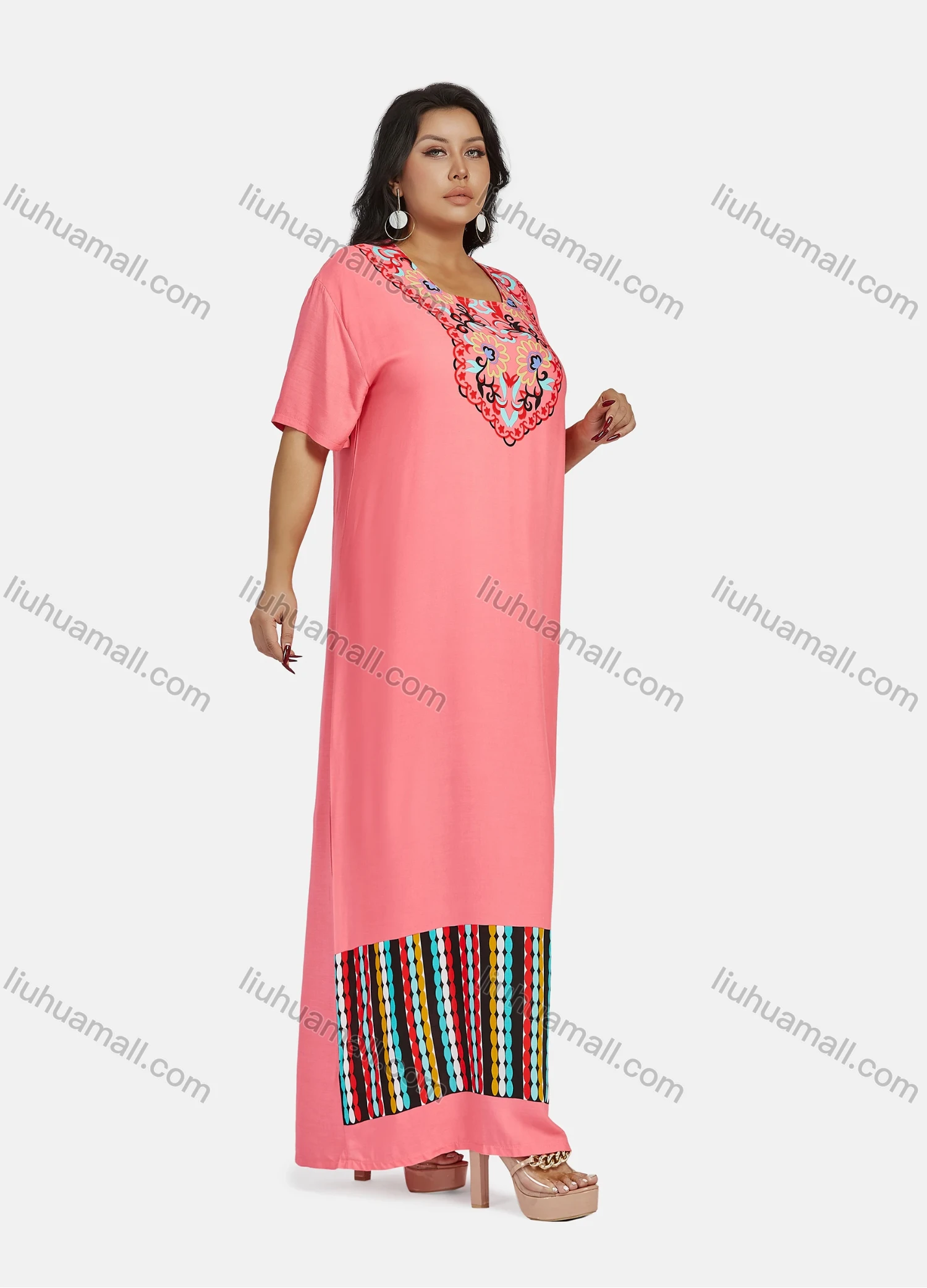 Wholesale Women's Folkloric African Half Sleeve Vintage Floral Print Maxi Abaya Dress - Liuhuamall