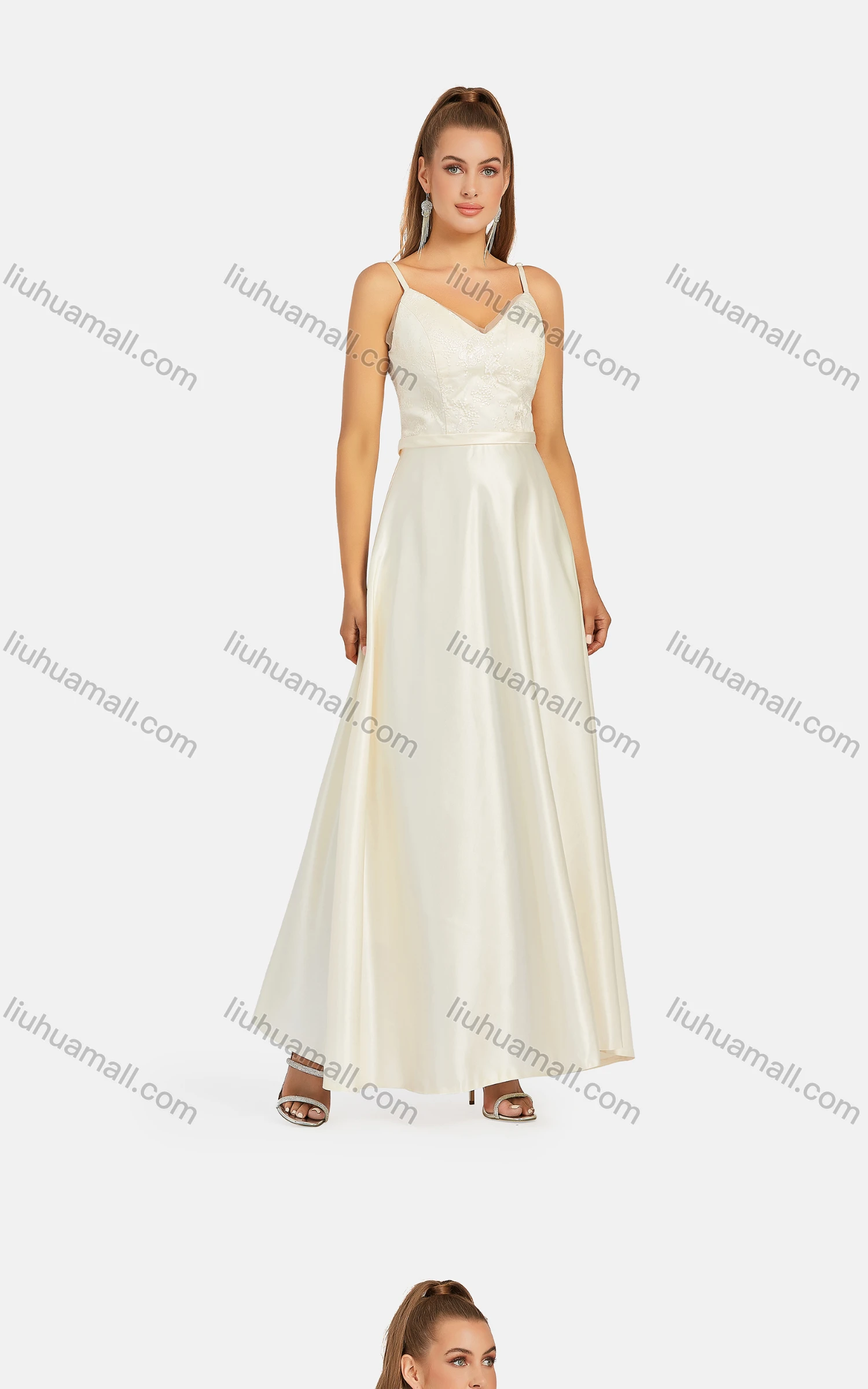 Wholesale Women's Elegant High Waist V Neck Floral Embroidered Maxi Cami Evening Dress - Liuhuamall