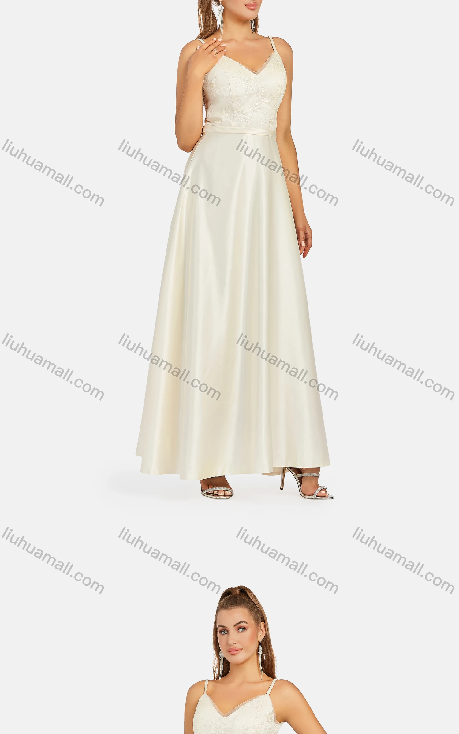 Wholesale Women's Elegant High Waist V Neck Floral Embroidered Maxi Cami Evening Dress - Liuhuamall