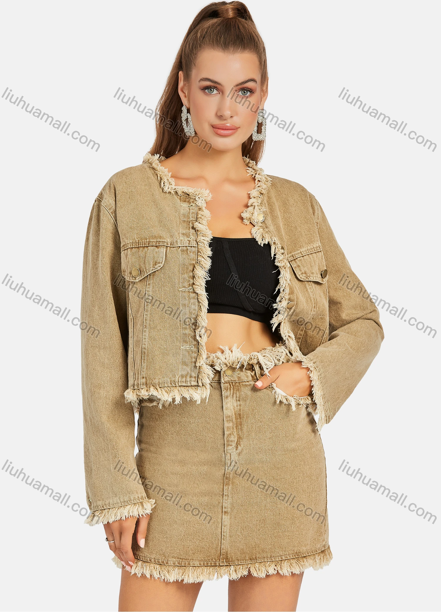 Wholesale Women's Casual Frayed Raw Trim Plain Long Sleeve Button Down Denim Jackets & High Waist Short Denim Skirts 2 Piece Set - Liuhuamall