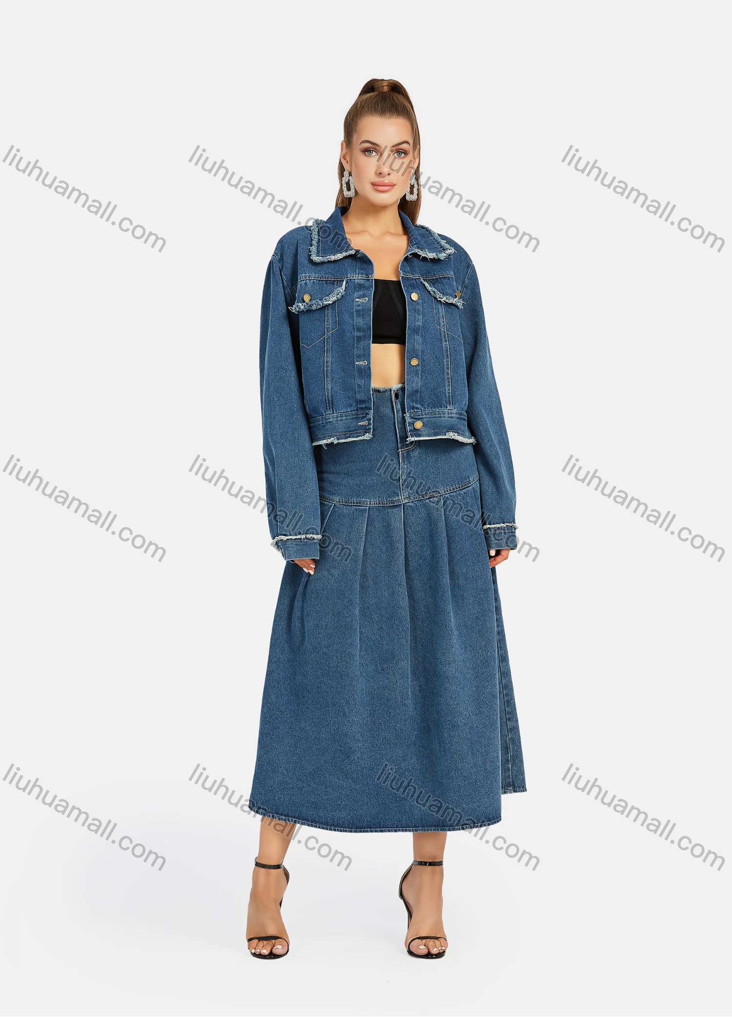 Wholesale Women's Casual Frayed Raw Trim Plain Long Sleeve Button Down Denim Jackets & High Waist Midi Denim Skirts 2 Piece Set - Liuhuamall