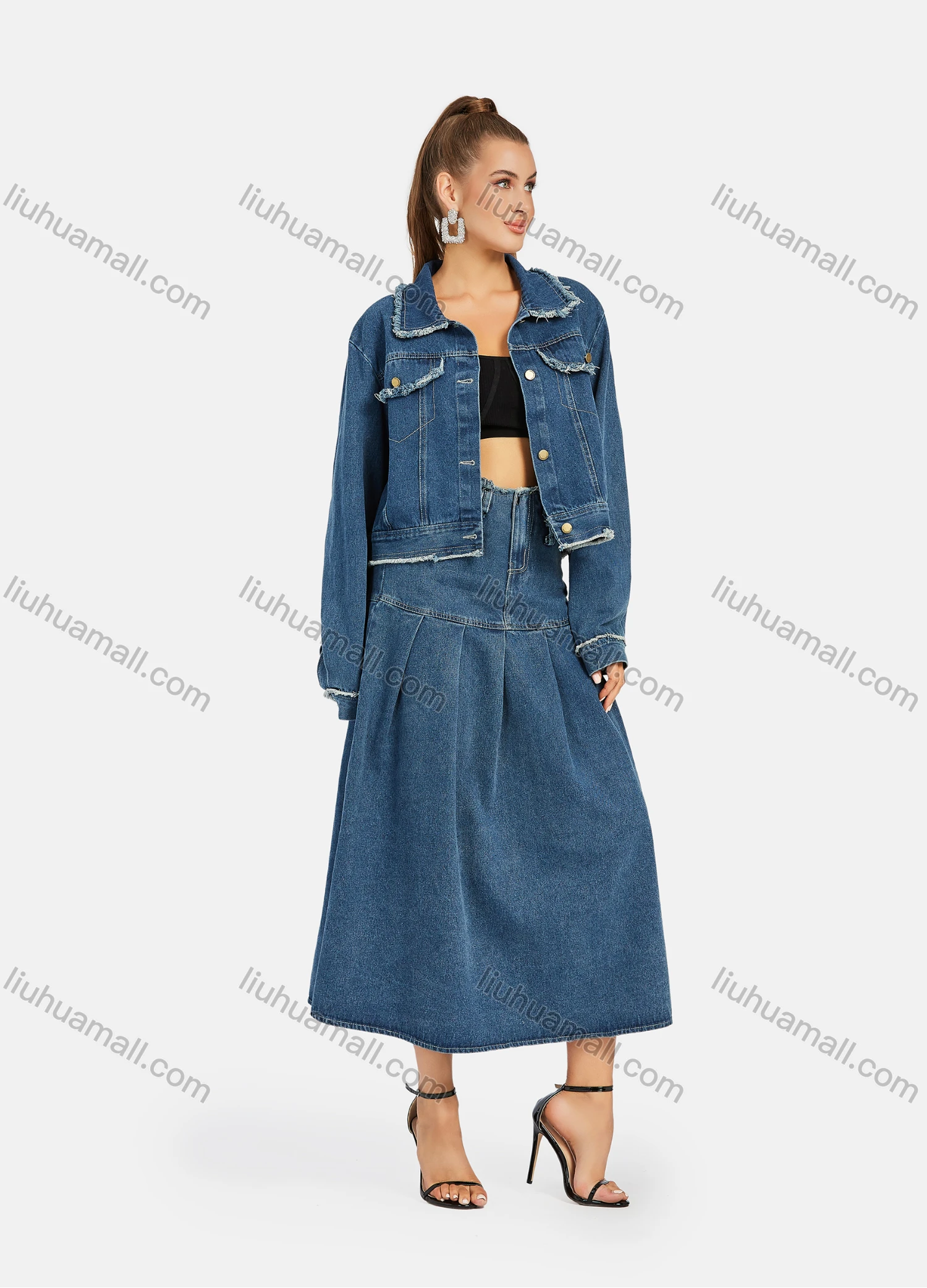 Wholesale Women's Casual Frayed Raw Trim Plain Long Sleeve Button Down Denim Jackets & High Waist Midi Denim Skirts 2 Piece Set - Liuhuamall