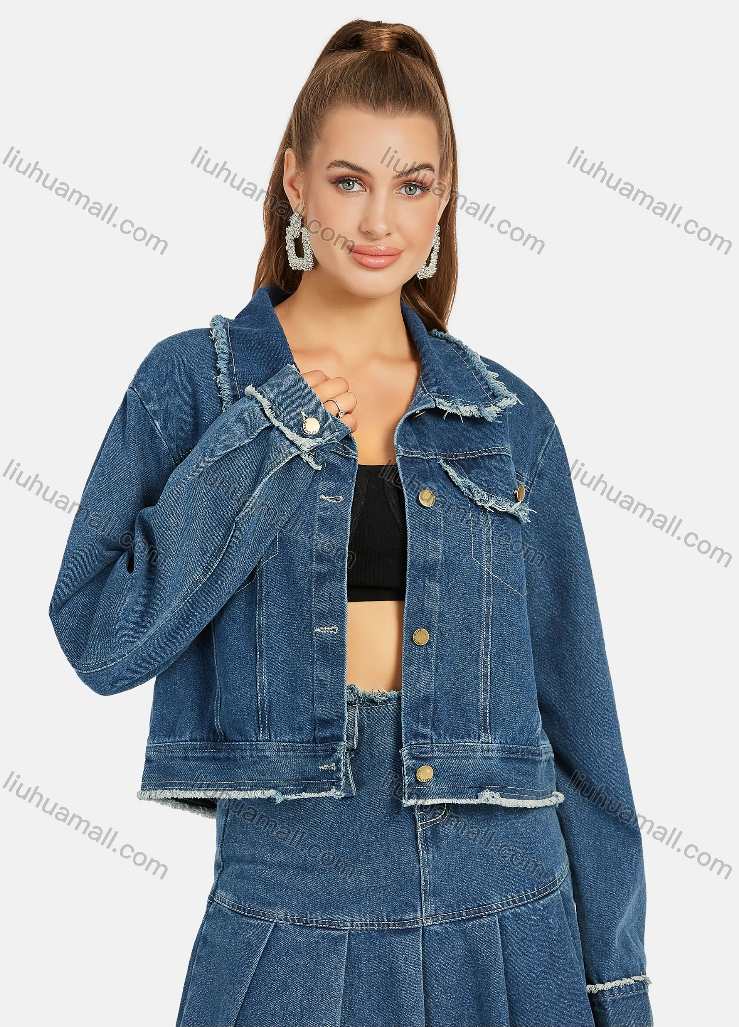 Wholesale Women's Casual Frayed Raw Trim Plain Long Sleeve Button Down Denim Jackets & High Waist Midi Denim Skirts 2 Piece Set - Liuhuamall