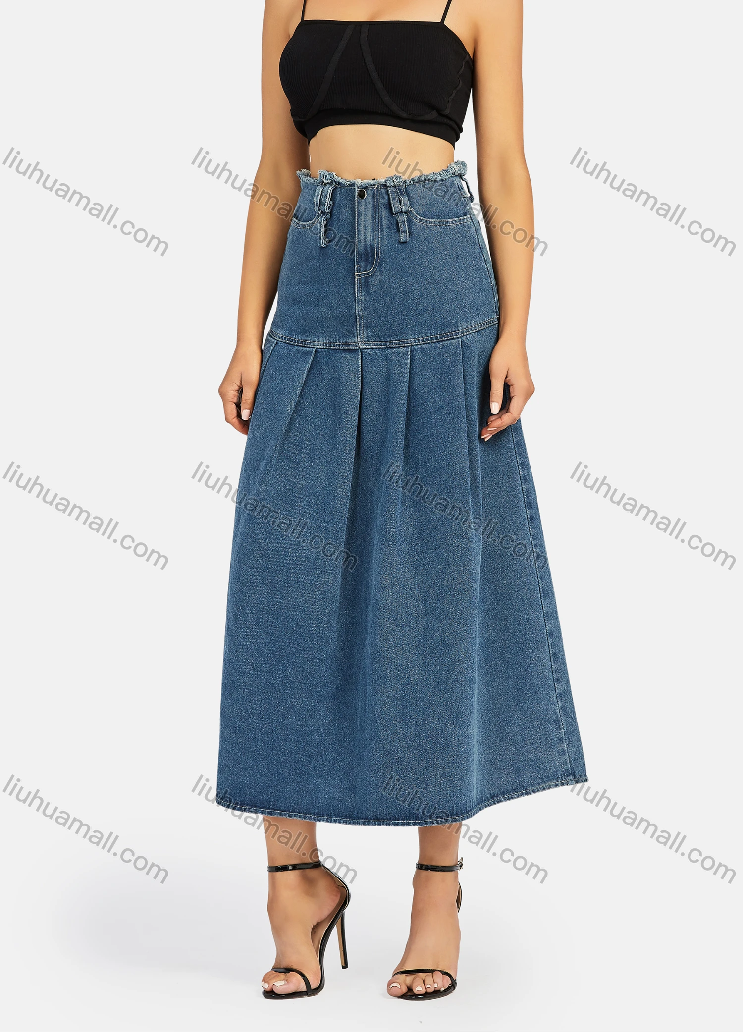 Wholesale Women's Casual Frayed Raw Trim Plain Long Sleeve Button Down Denim Jackets & High Waist Midi Denim Skirts 2 Piece Set - Liuhuamall