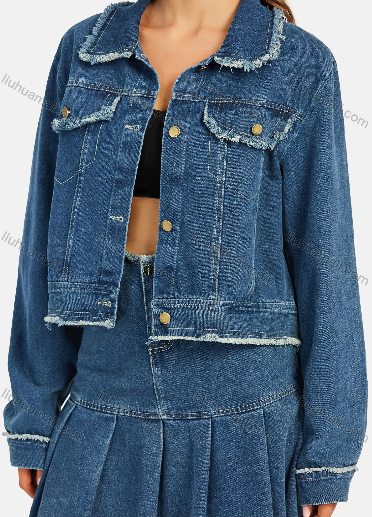 Wholesale Women's Casual Frayed Raw Trim Plain Long Sleeve Button Down Denim Jackets & High Waist Midi Denim Skirts 2 Piece Set - Liuhuamall
