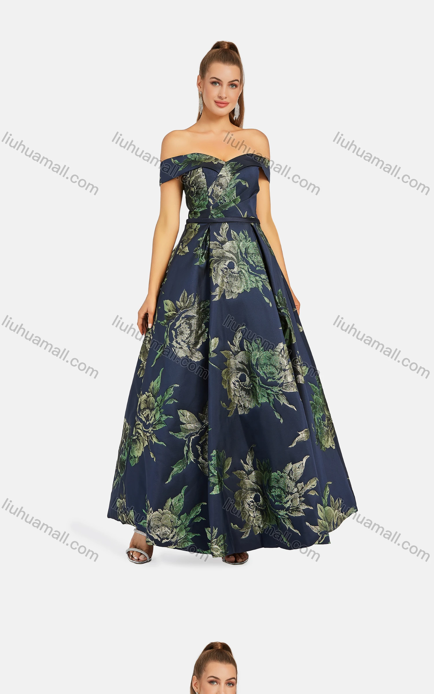 Wholesale Women's Elegant Off Shoulder Floral High Waist Criss Cross Back Maxi Evening Dress 5008# - Liuhuamall