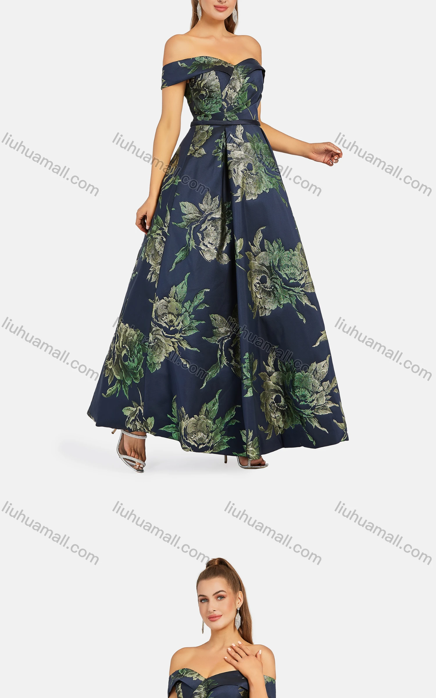 Wholesale Women's Elegant Off Shoulder Floral High Waist Criss Cross Back Maxi Evening Dress 5008# - Liuhuamall