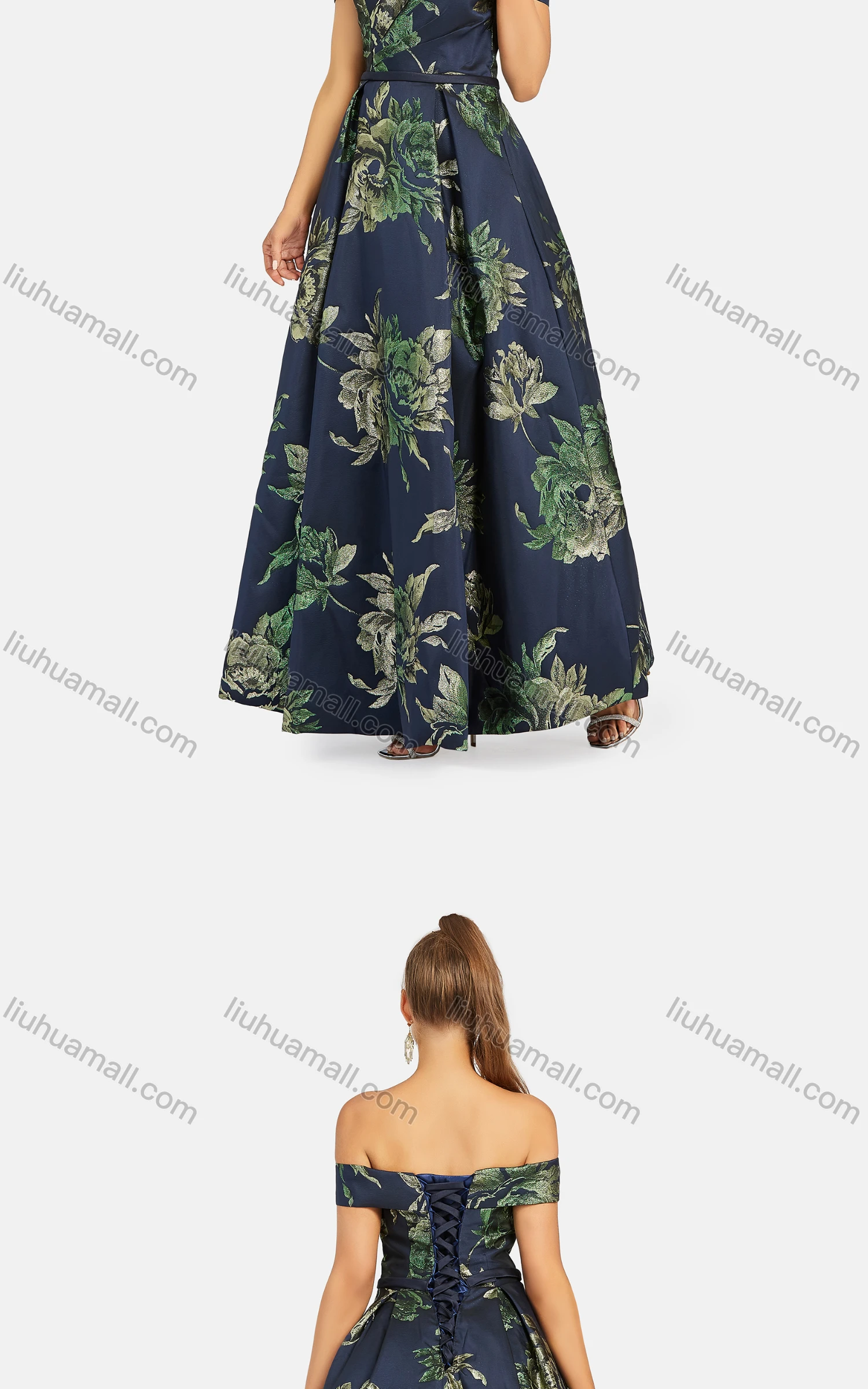 Wholesale Women's Elegant Off Shoulder Floral High Waist Criss Cross Back Maxi Evening Dress 5008# - Liuhuamall