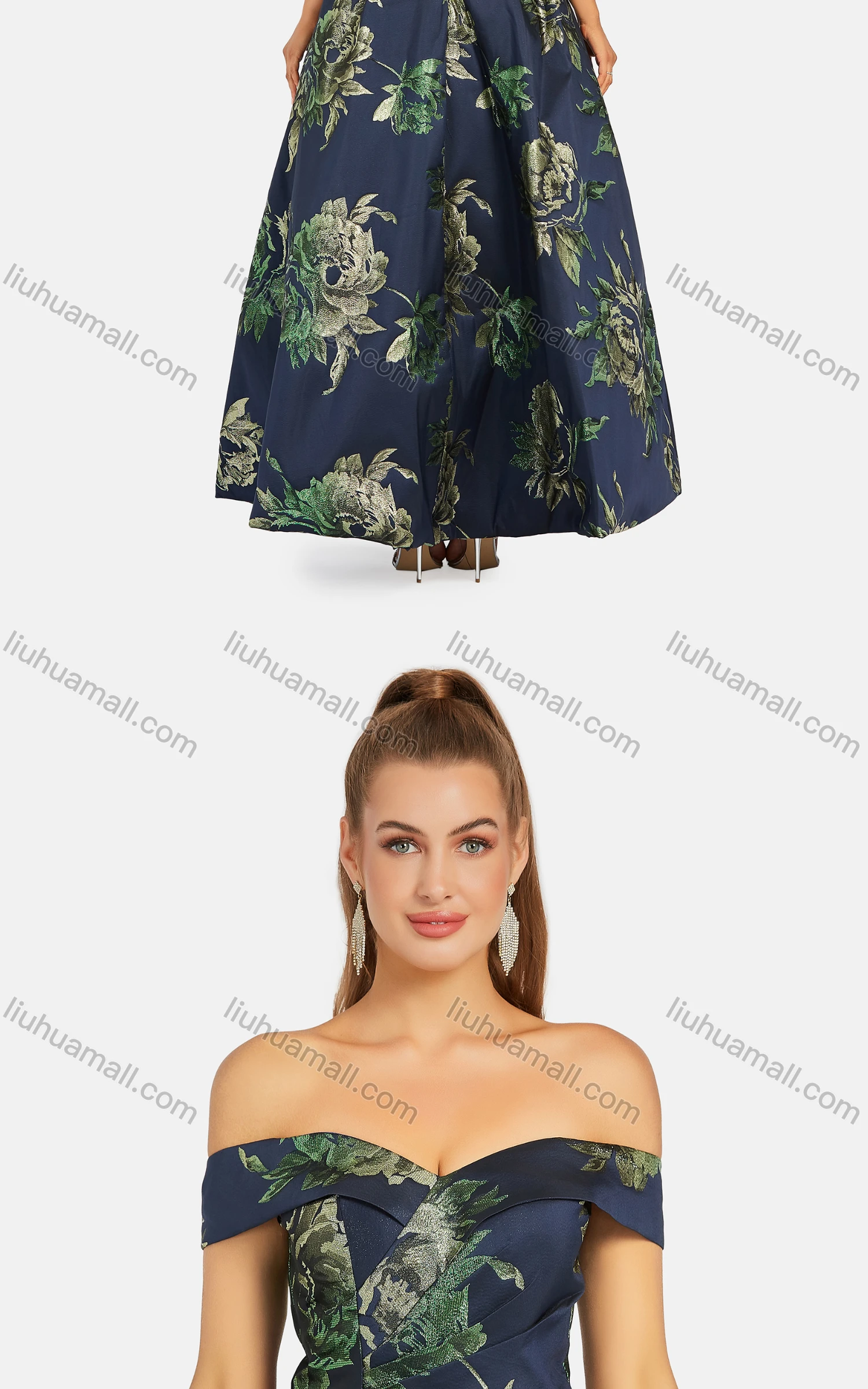 Wholesale Women's Elegant Off Shoulder Floral High Waist Criss Cross Back Maxi Evening Dress 5008# - Liuhuamall