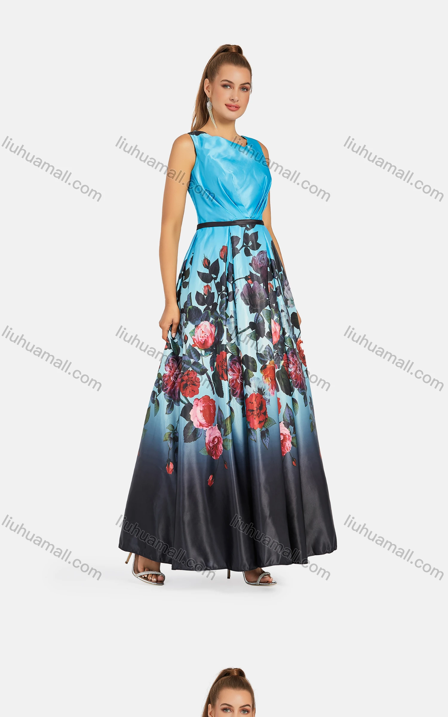 Wholesale Women's Elegant Sleeveless Ombre Floral High Waist Zip Back Maxi Evening Dress 9316# - Liuhuamall