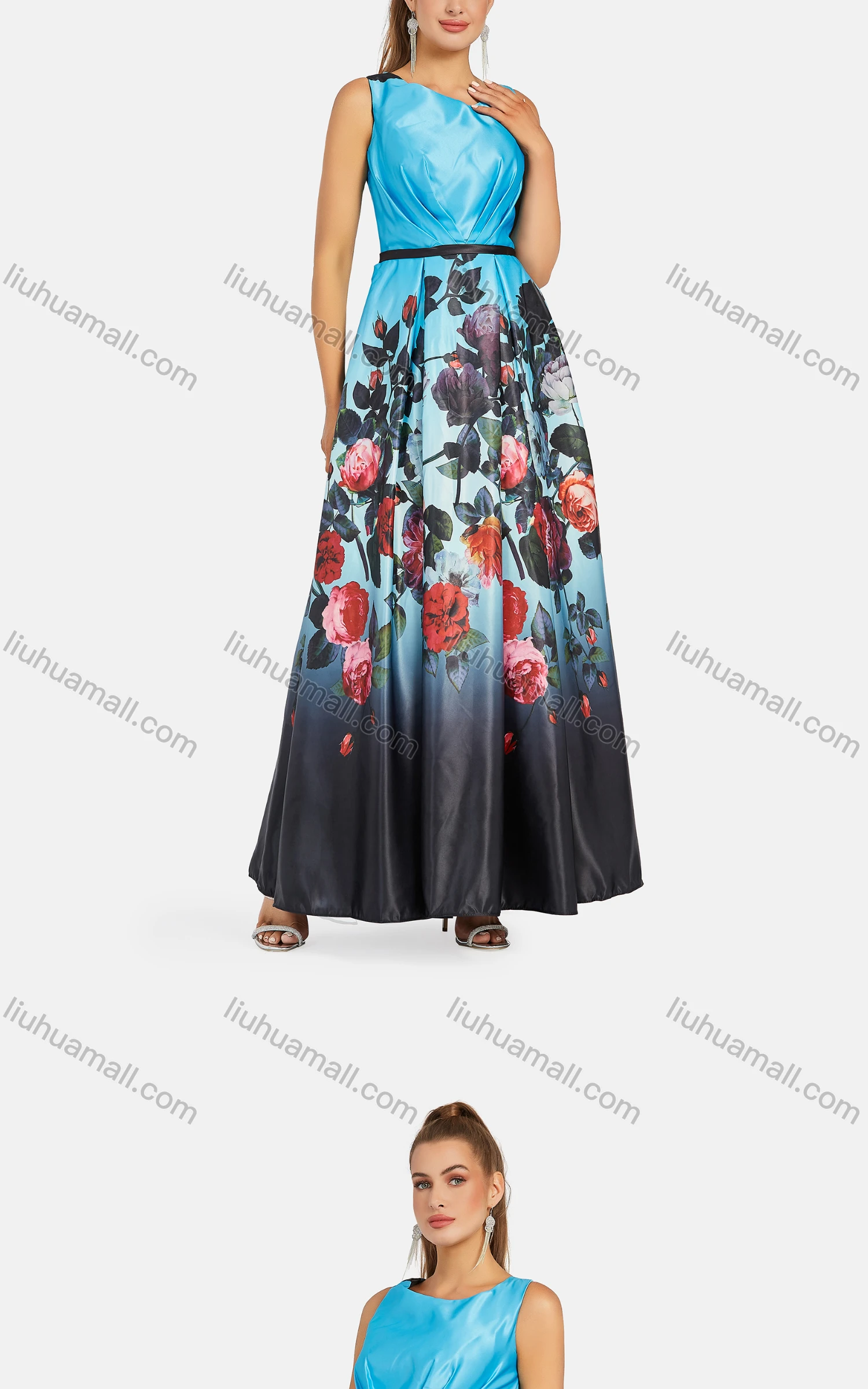 Wholesale Women's Elegant Sleeveless Ombre Floral High Waist Zip Back Maxi Evening Dress 9316# - Liuhuamall