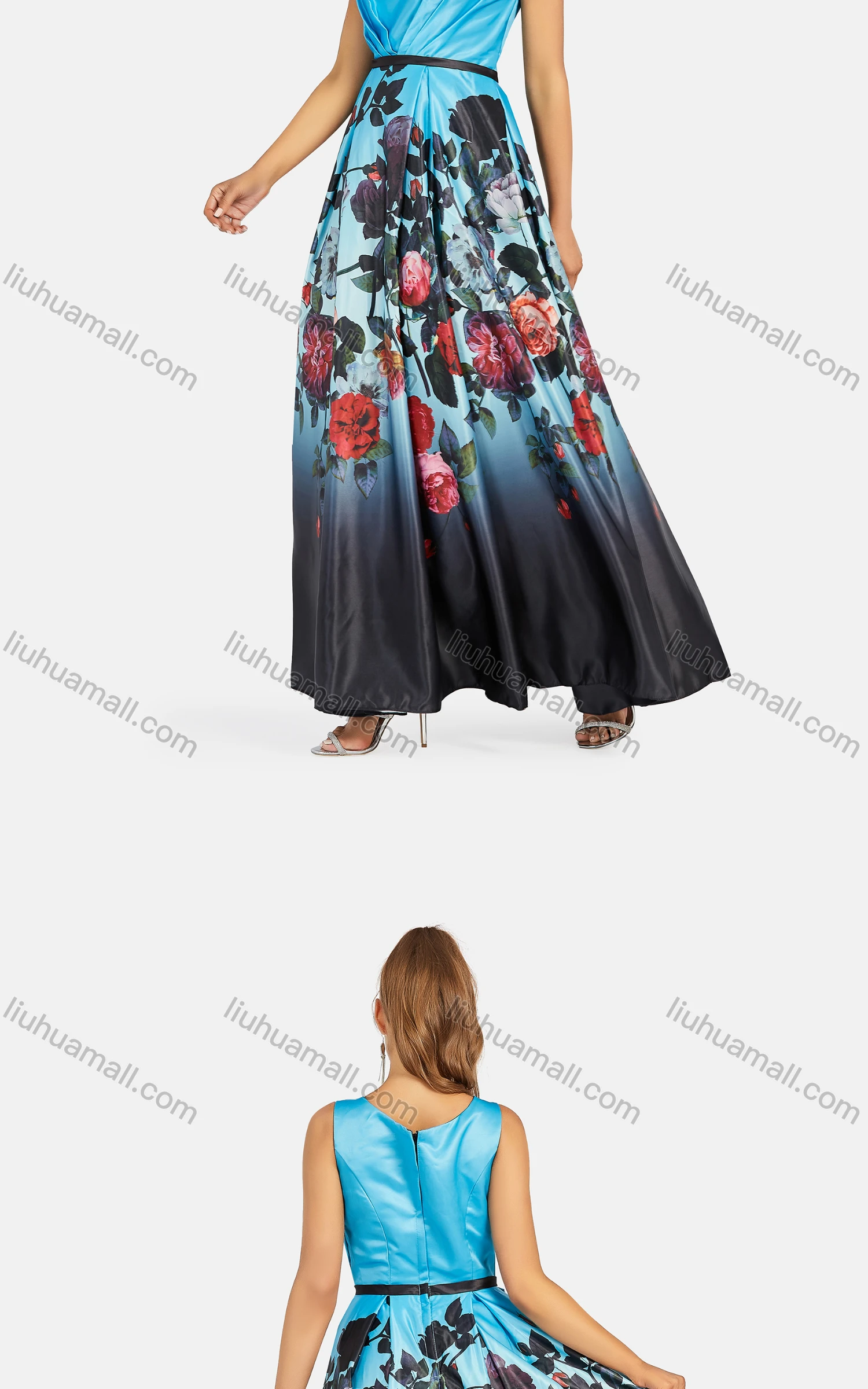 Wholesale Women's Elegant Sleeveless Ombre Floral High Waist Zip Back Maxi Evening Dress 9316# - Liuhuamall
