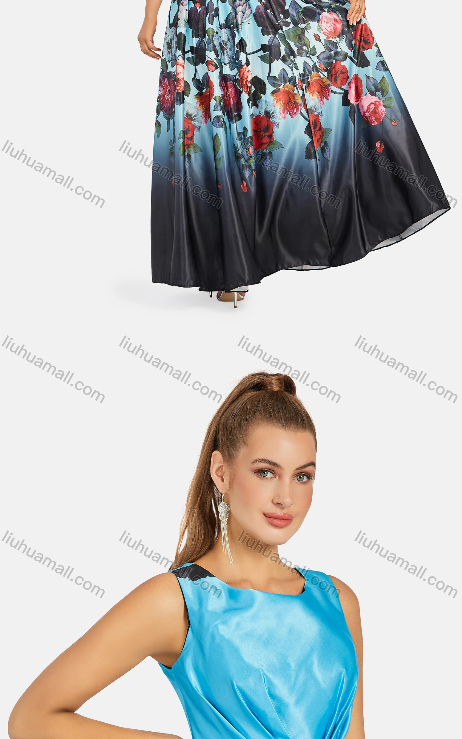 Wholesale Women's Elegant Sleeveless Ombre Floral High Waist Zip Back Maxi Evening Dress 9316# - Liuhuamall