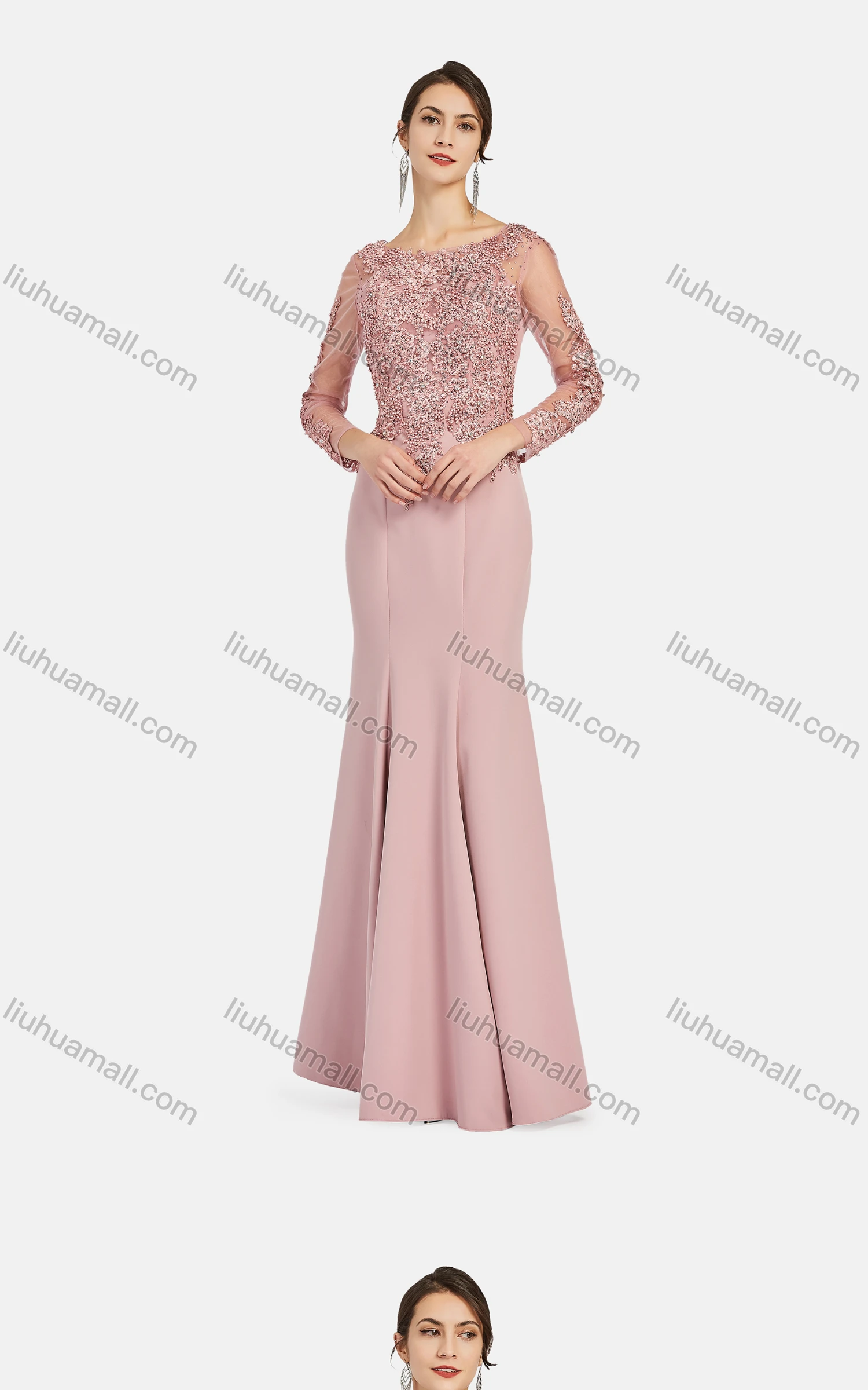 Wholesale Women's Elegant Lace Sleeve Plain Appliques Pearl Decor Floor Length Evening Dress 9483# - Liuhuamall