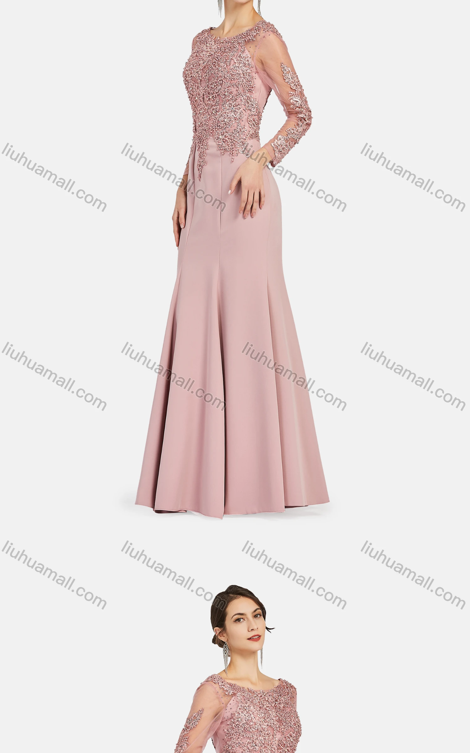Wholesale Women's Elegant Lace Sleeve Plain Appliques Pearl Decor Floor Length Evening Dress 9483# - Liuhuamall