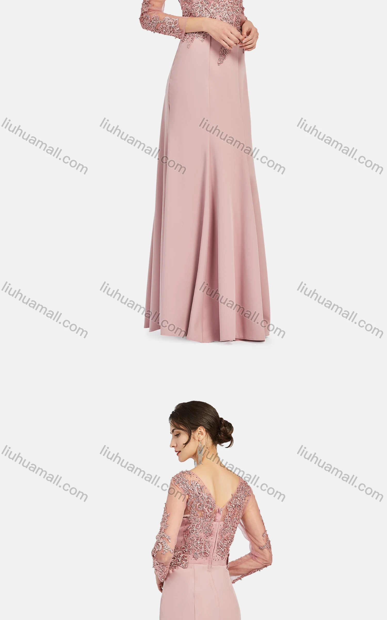 Wholesale Women's Elegant Lace Sleeve Plain Appliques Pearl Decor Floor Length Evening Dress 9483# - Liuhuamall