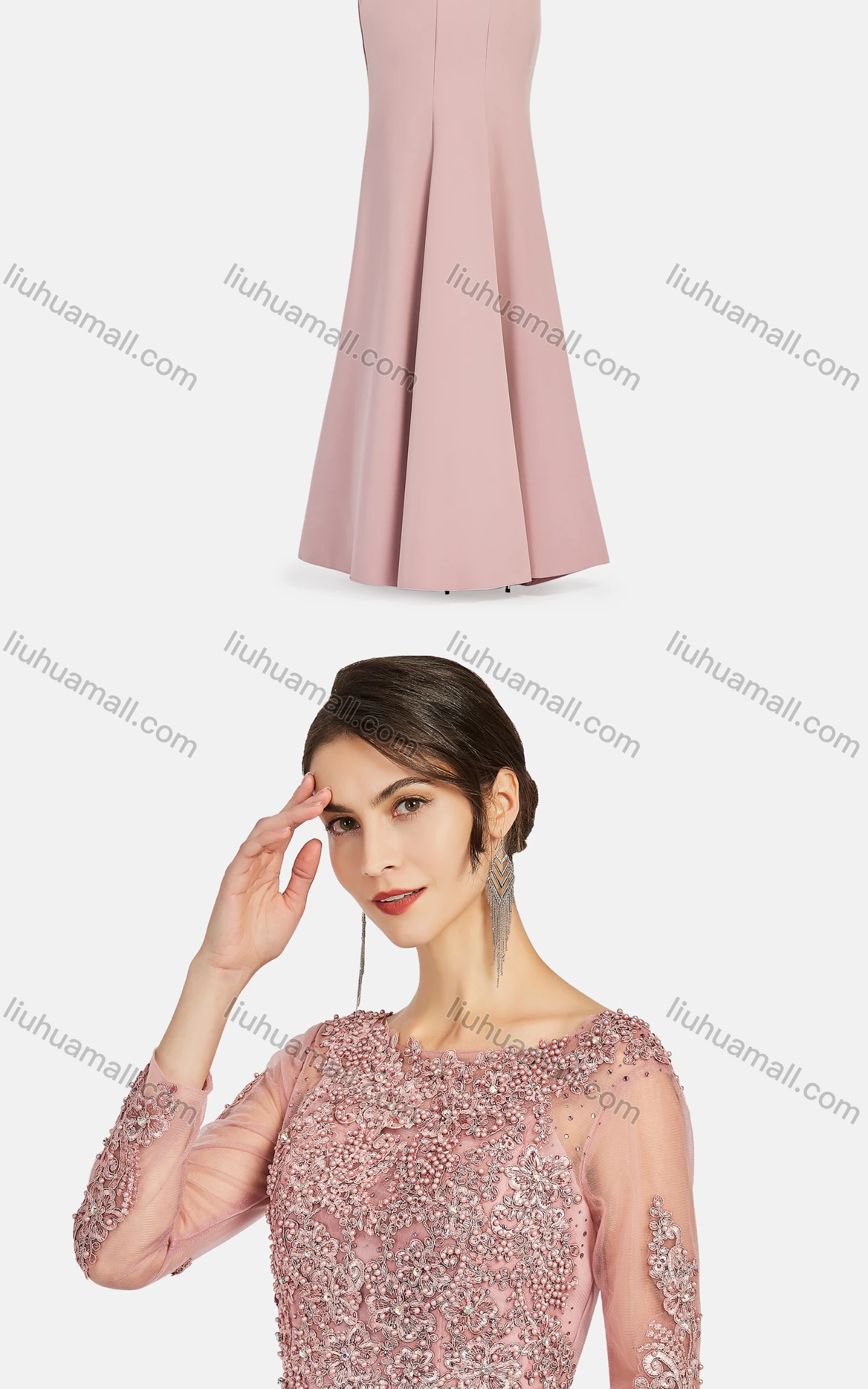 Wholesale Women's Elegant Lace Sleeve Plain Appliques Pearl Decor Floor Length Evening Dress 9483# - Liuhuamall