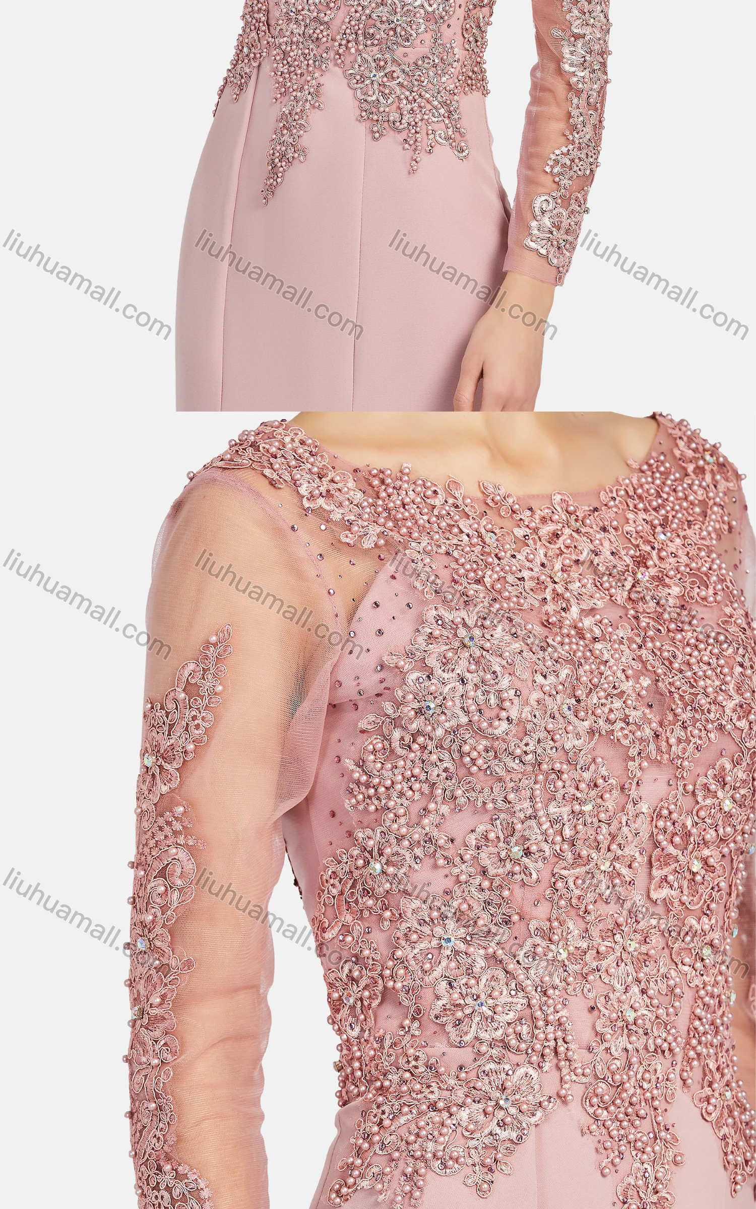 Wholesale Women's Elegant Lace Sleeve Plain Appliques Pearl Decor Floor Length Evening Dress 9483# - Liuhuamall
