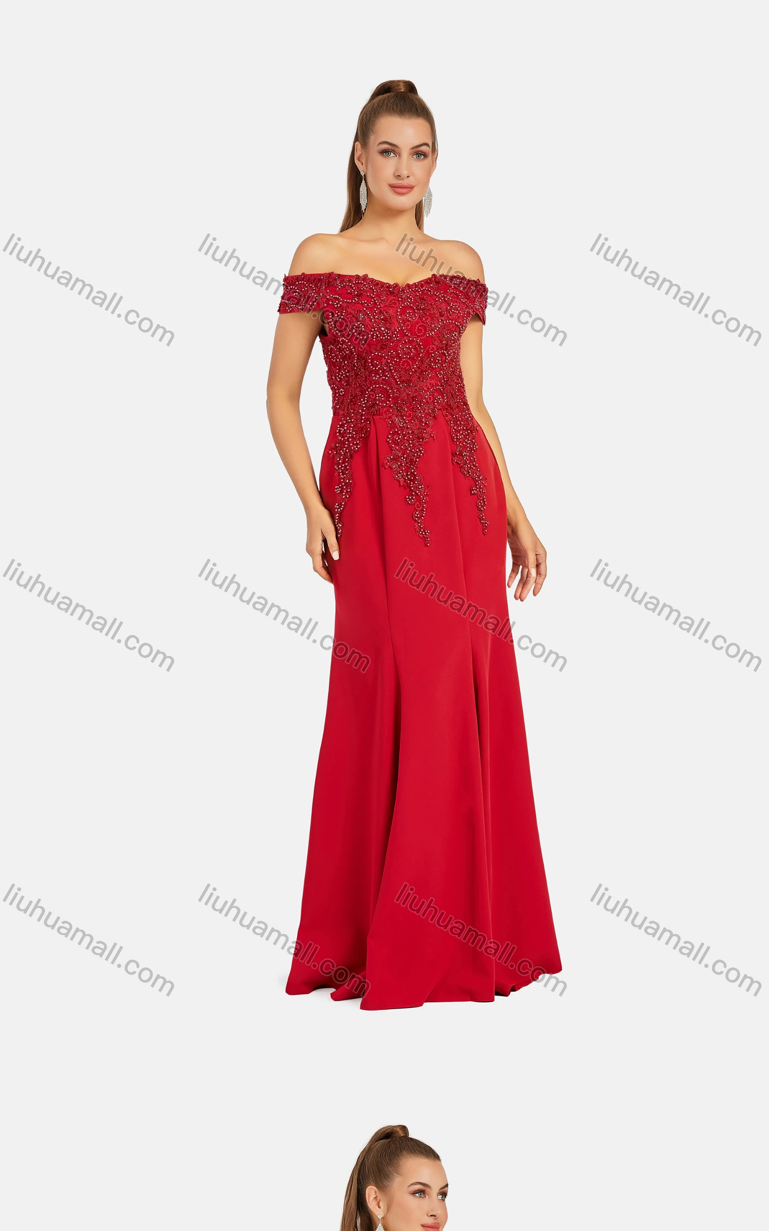 Wholesale Women's Elegant Off Shoulder Pearl Decor Appliques Floor Length Evening Dress 9482# - Liuhuamall