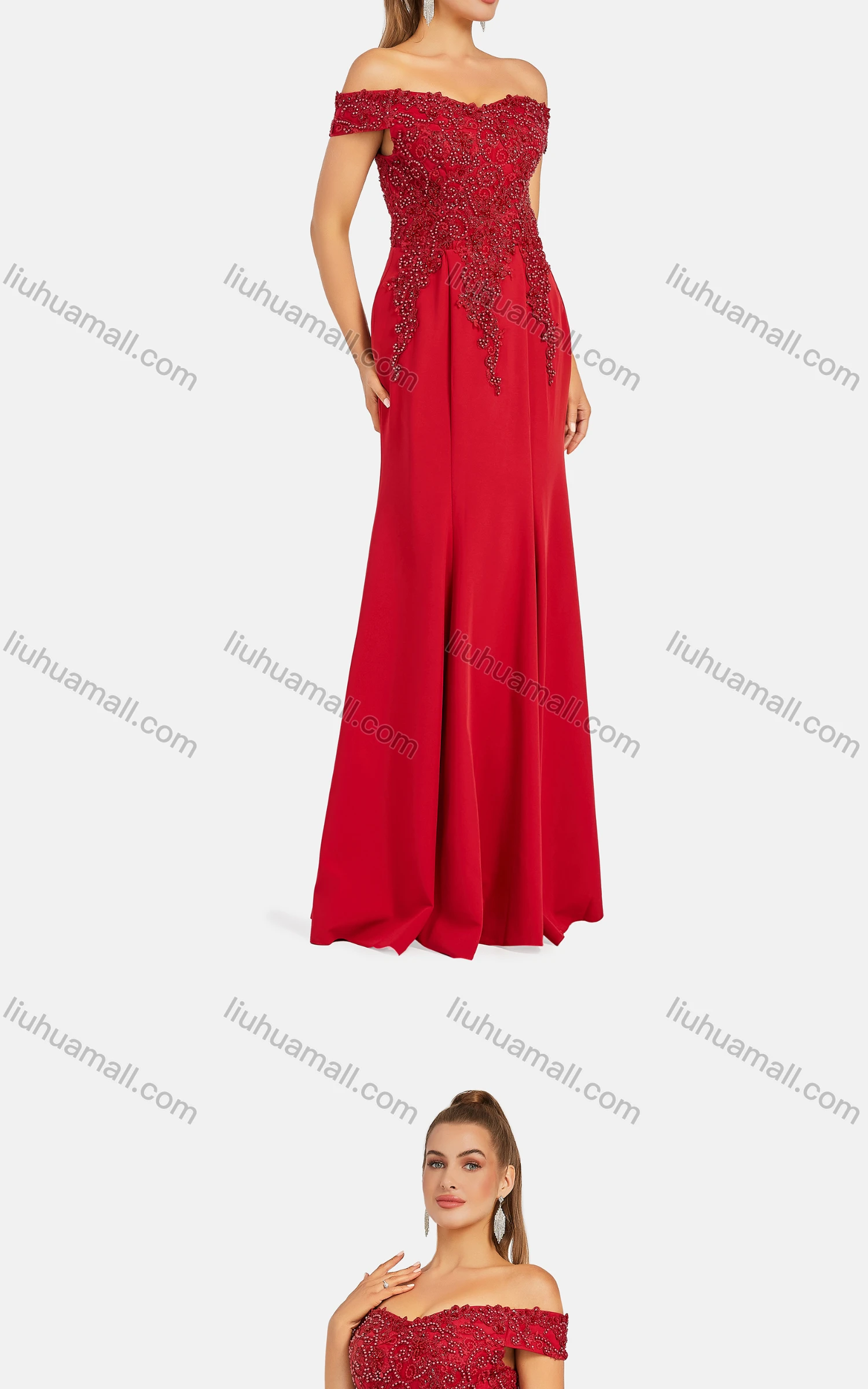 Wholesale Women's Elegant Off Shoulder Pearl Decor Appliques Floor Length Evening Dress 9482# - Liuhuamall